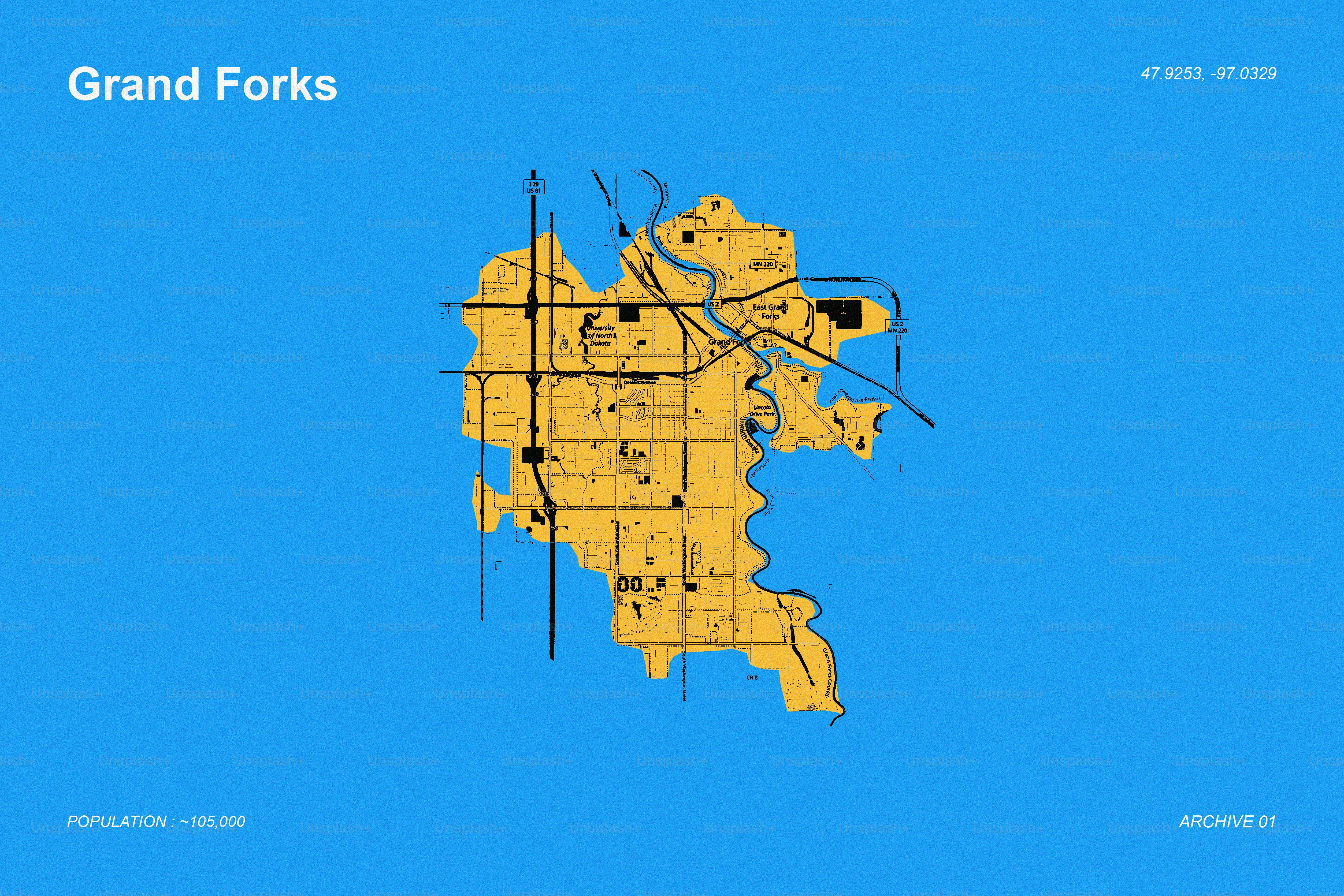 Mapa da cidade de Grand Forks sobre fundo azul