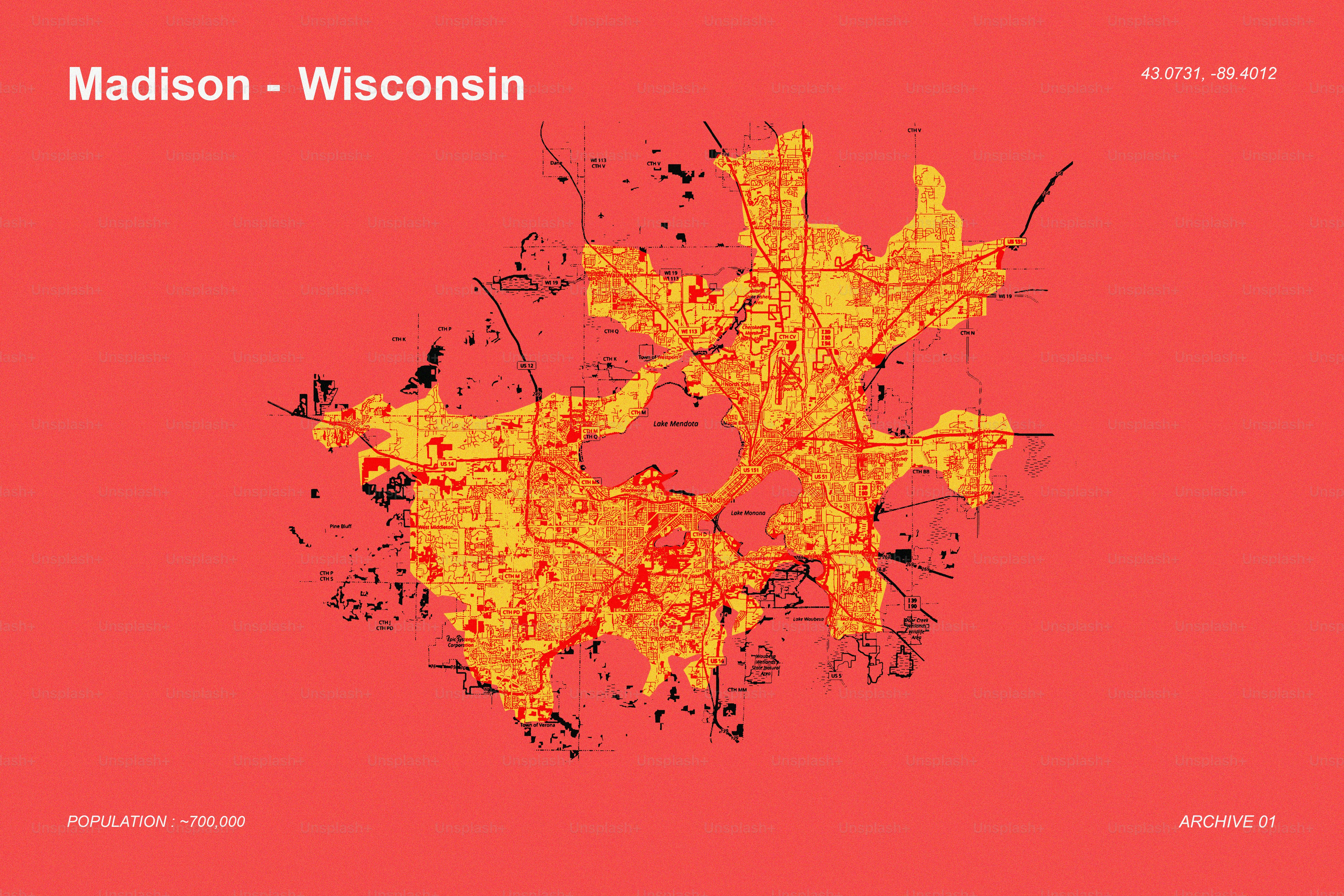 Stadtkarte von Madison, Wisconsin, die die Stadtentwicklung zeigt
