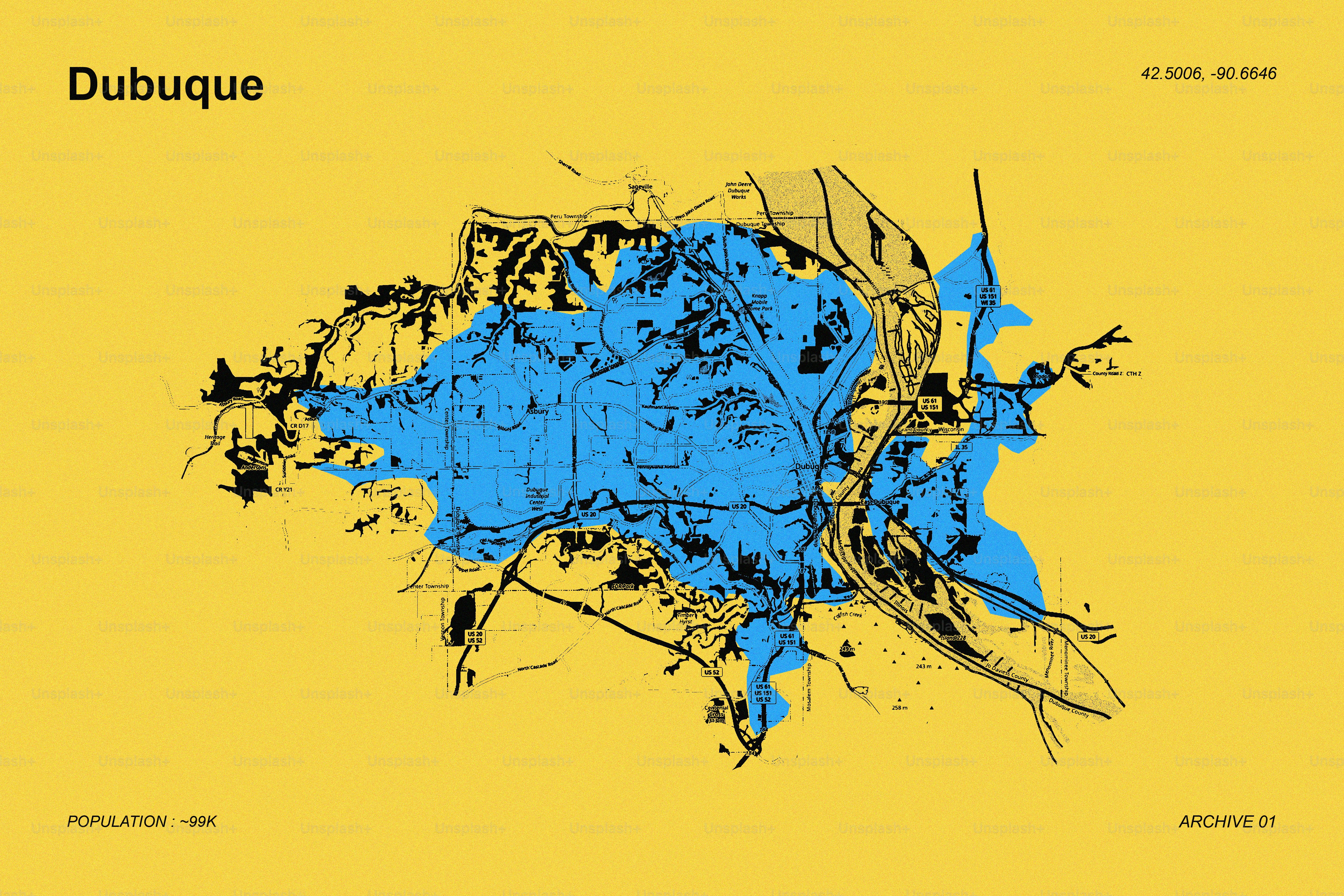 Carte stylisée de la ville de Dubuque sur fond jaune