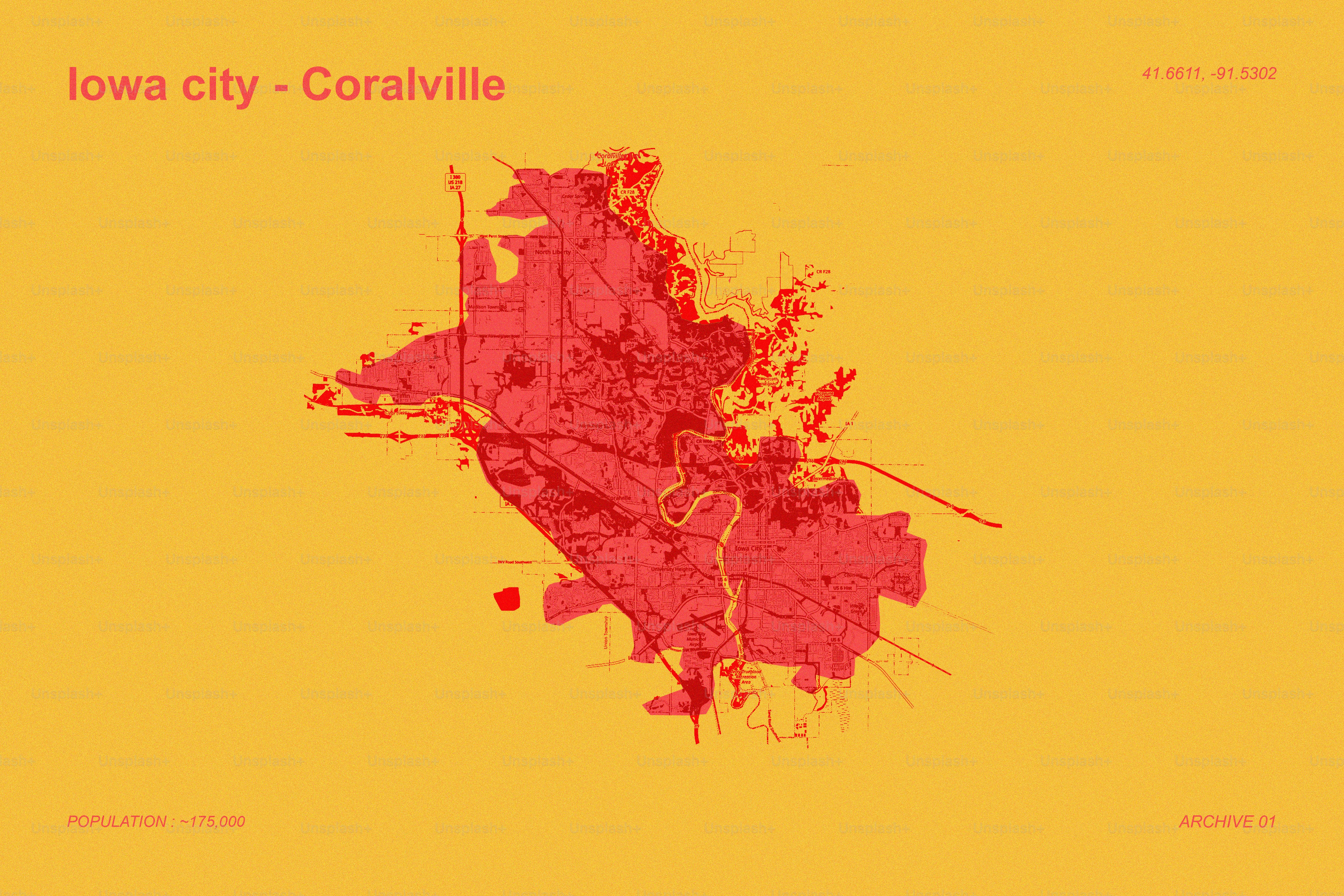 Carte rouge stylisée d’Iowa City et Coralville