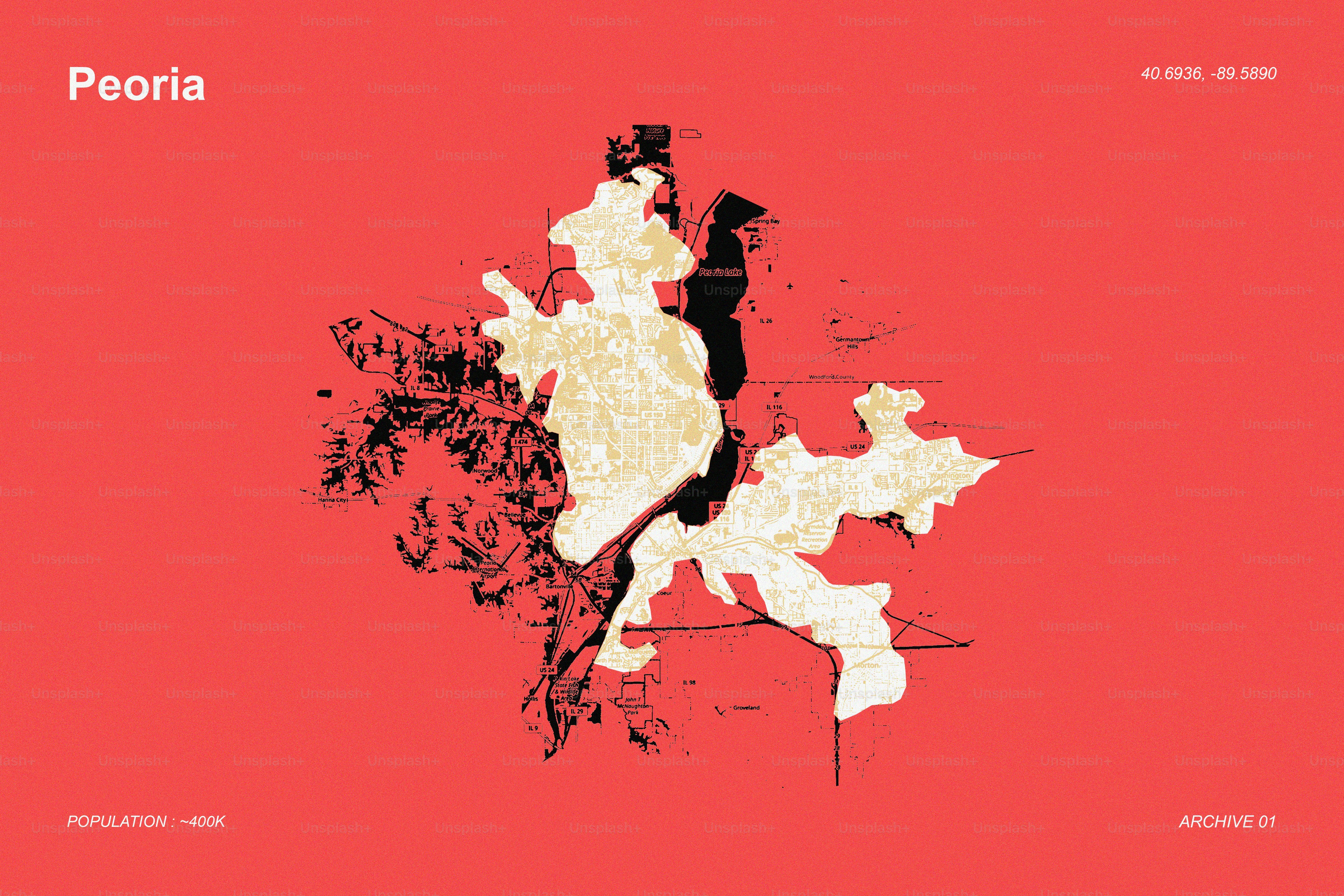 Stylized peoria city map on red background