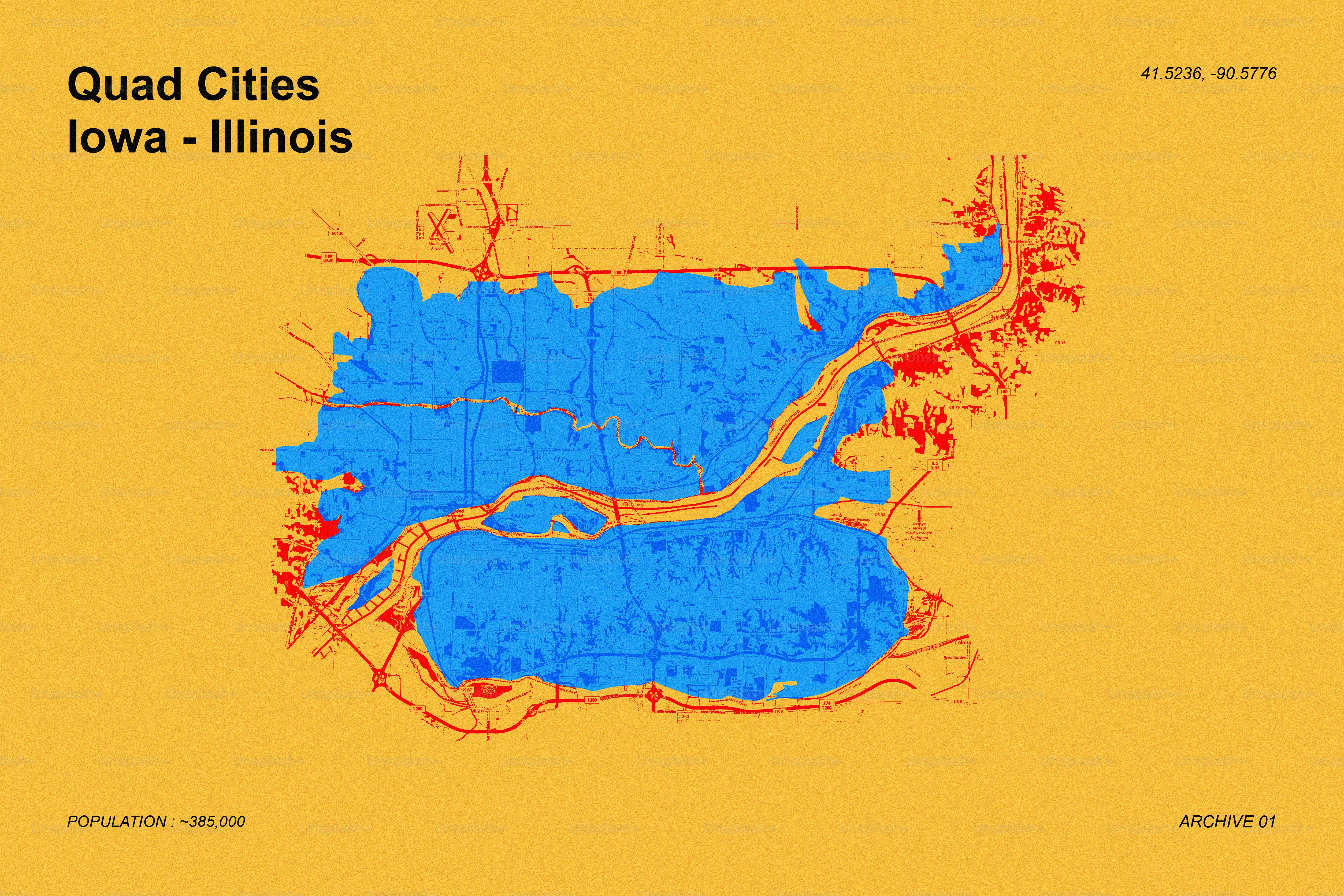Carte stylisée des quad cities, région de l’Iowa-Illinois