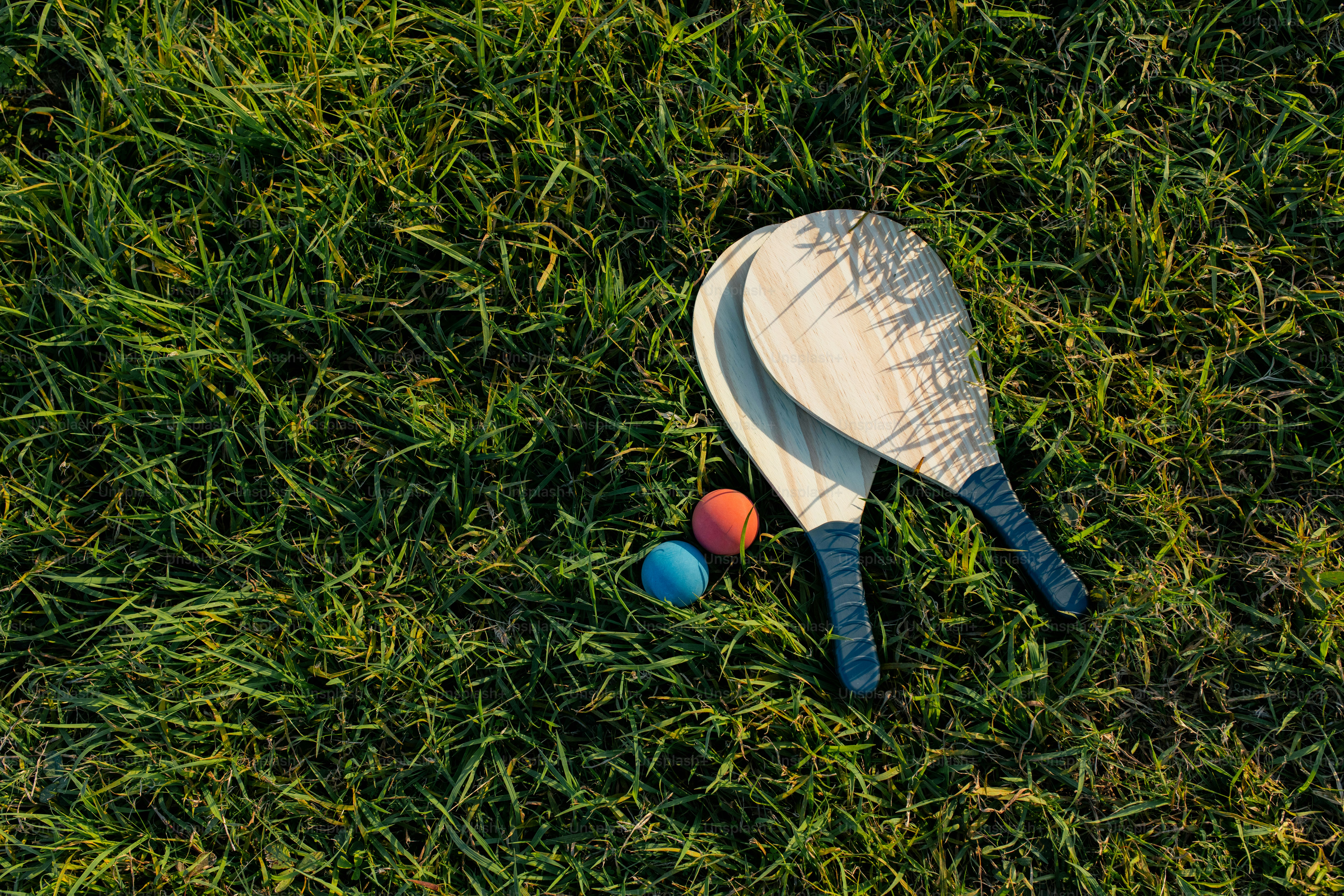 Wooden beach paddles and colorful balls on green grass