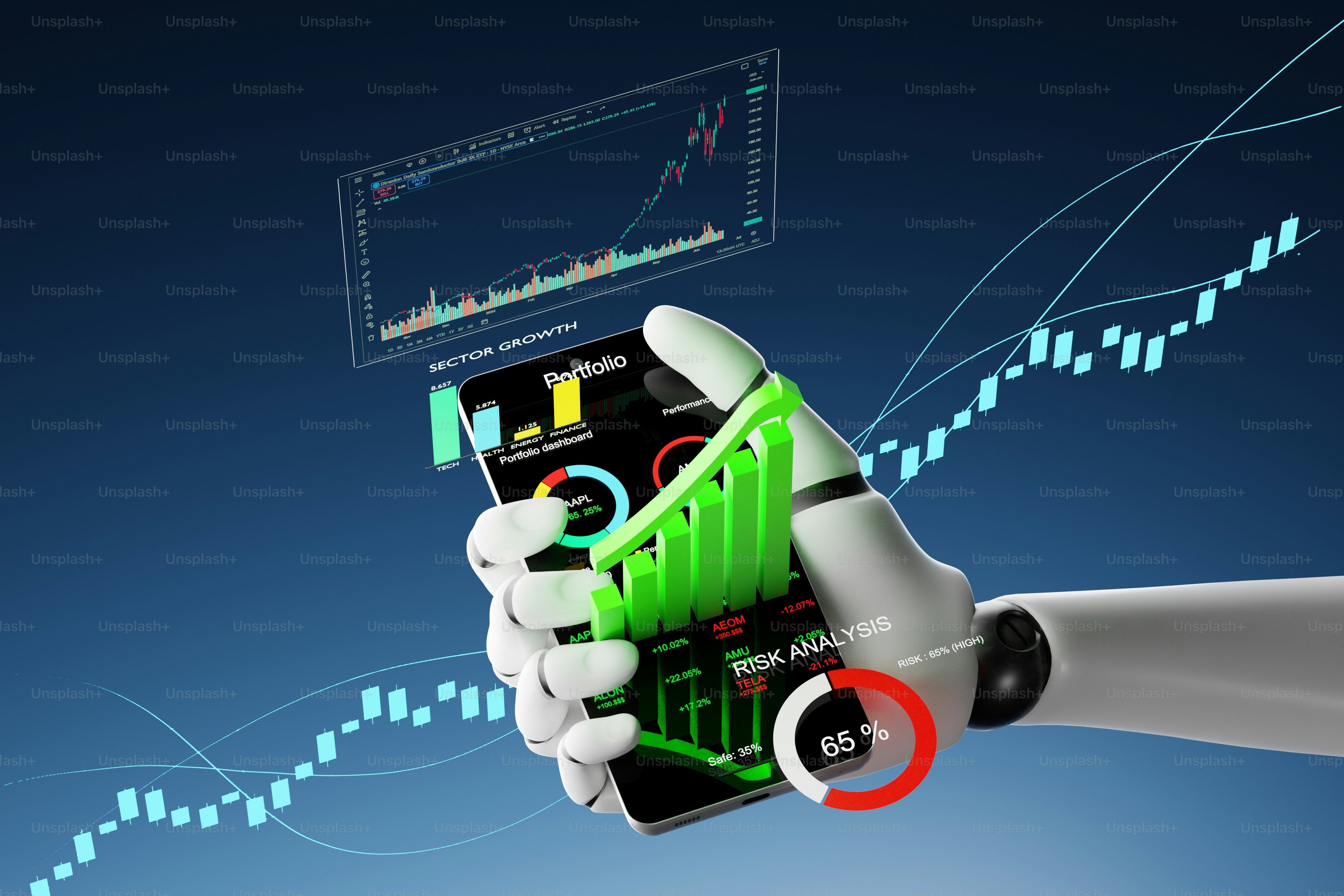 Ai robotic hand analyzing financial data on smartphone
