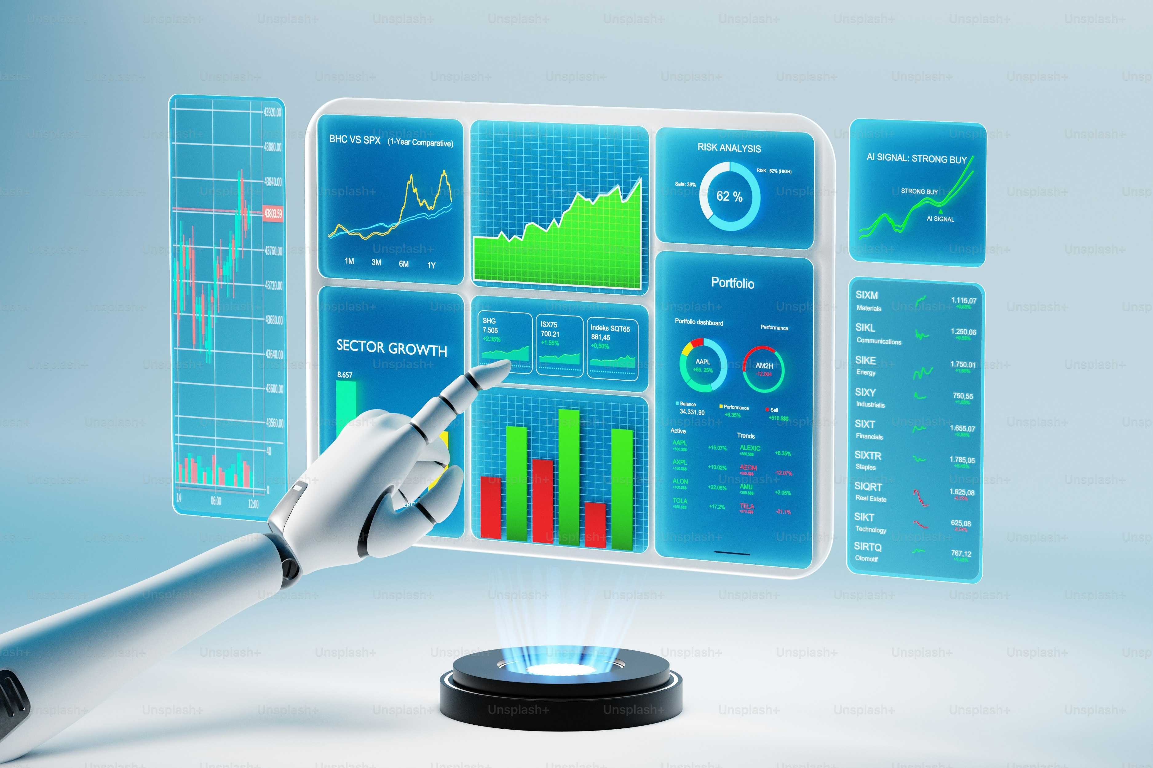 Ai robot analyzing financial data on futuristic holographic display