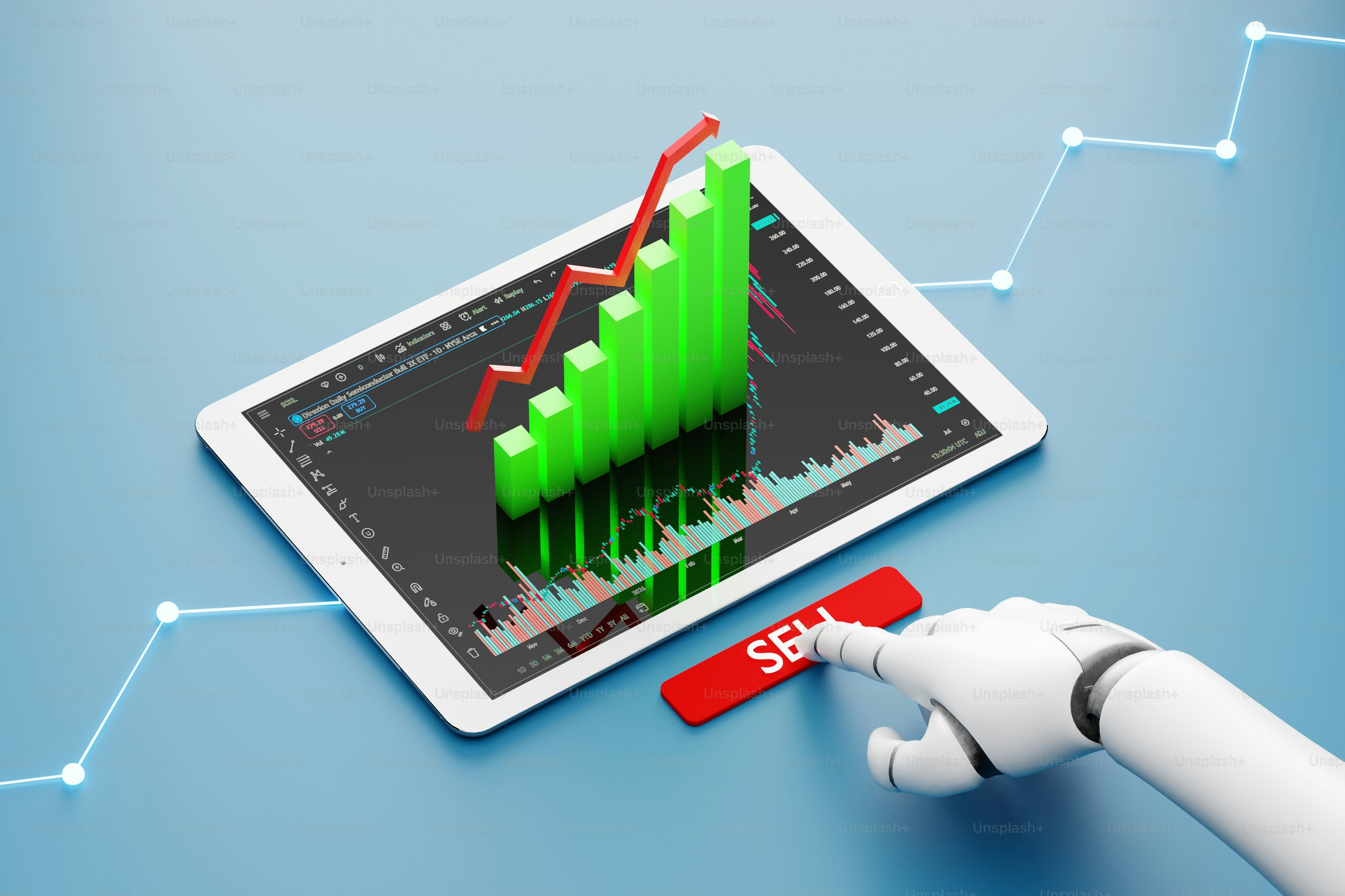 Ai robot hand pressing sell button on financial tablet