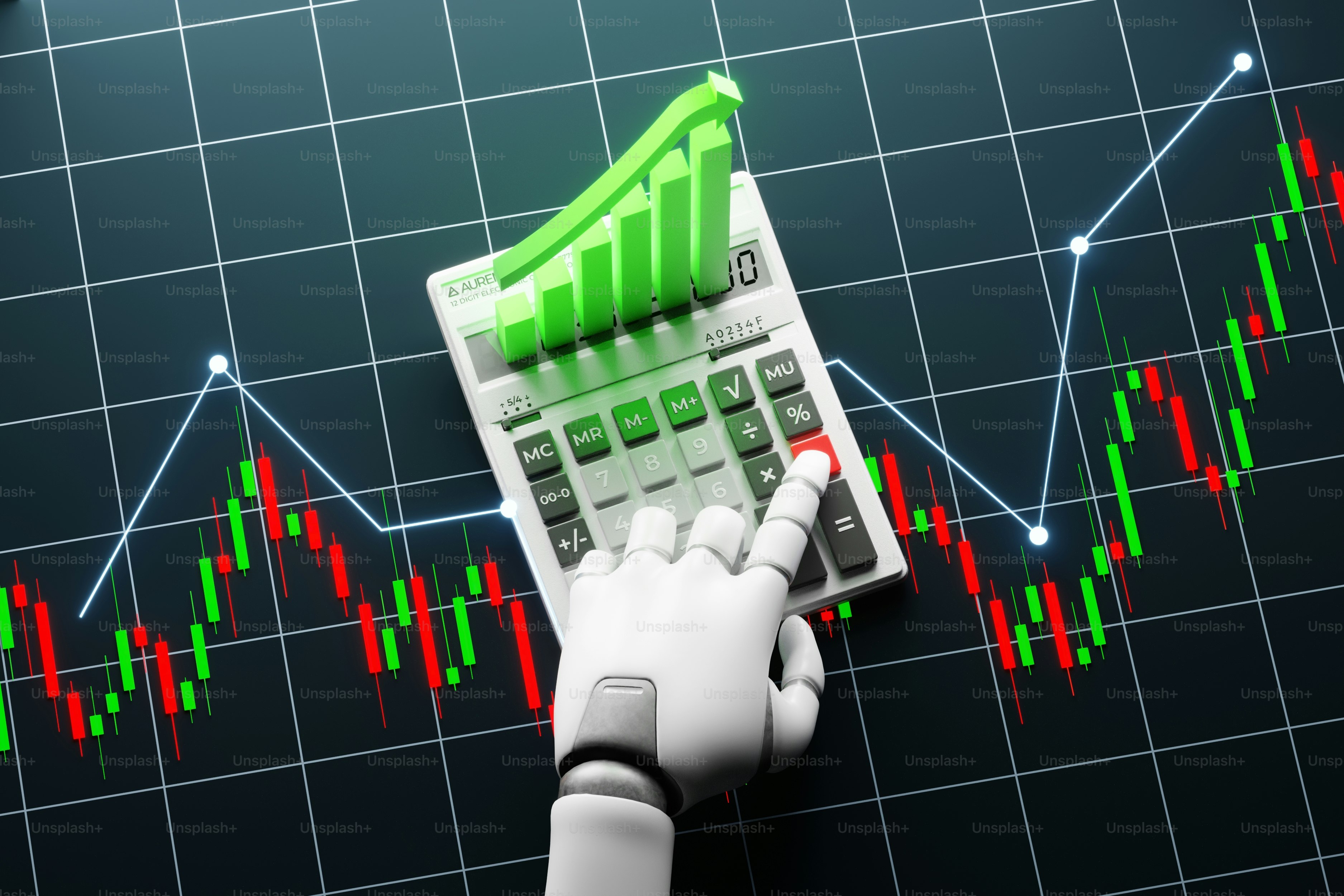 Ai robotic hand with calculator on financial growth chart