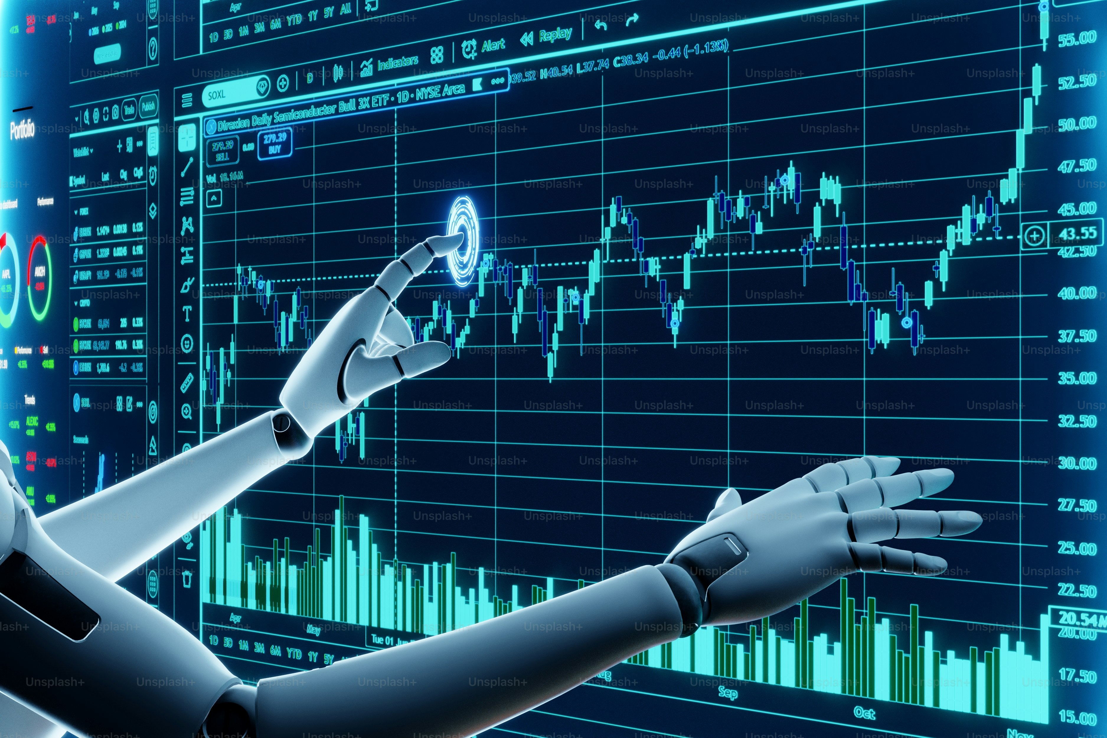 3D rendered ai robot analyzing digital financial charts