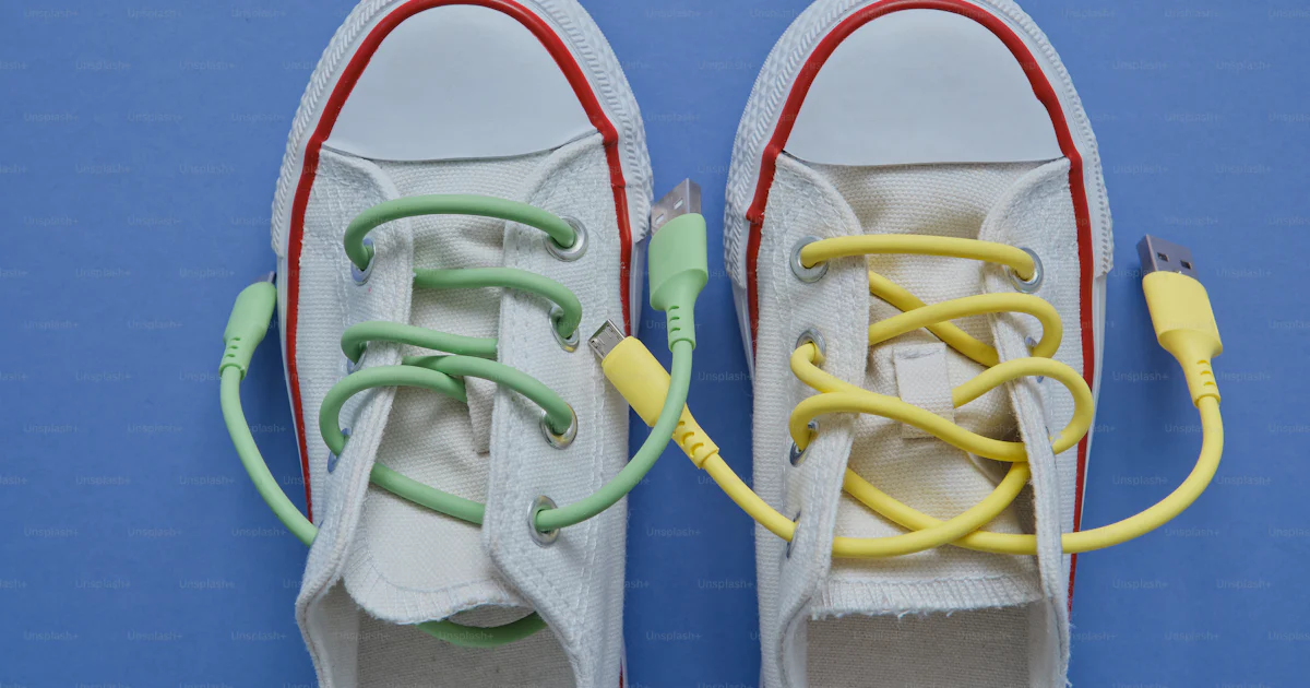 Usb A Locking Zapatos de lona blanca con cables USB como cordones - Foto en Unsplash+