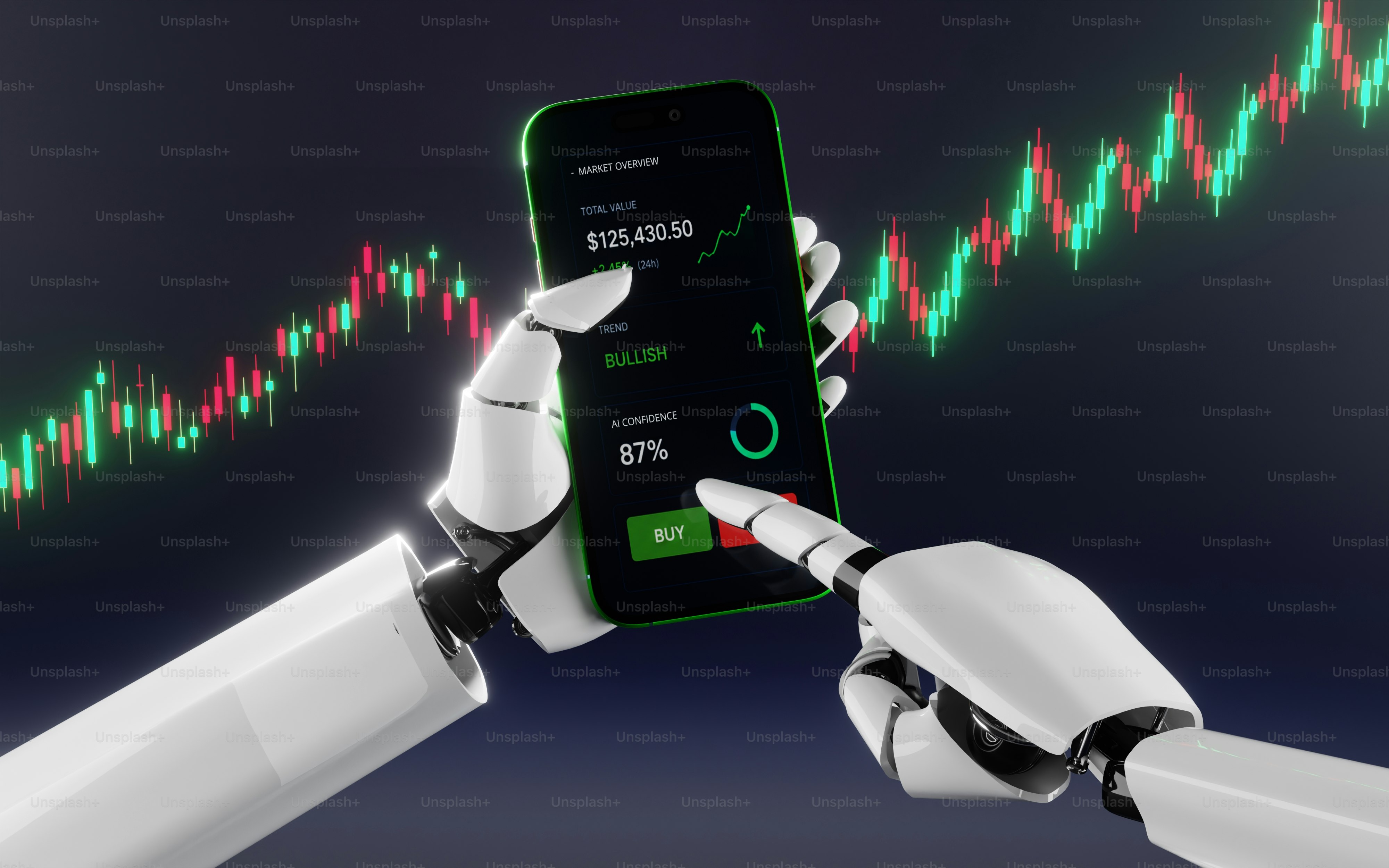 Robot hands trading stocks on a smartphone app