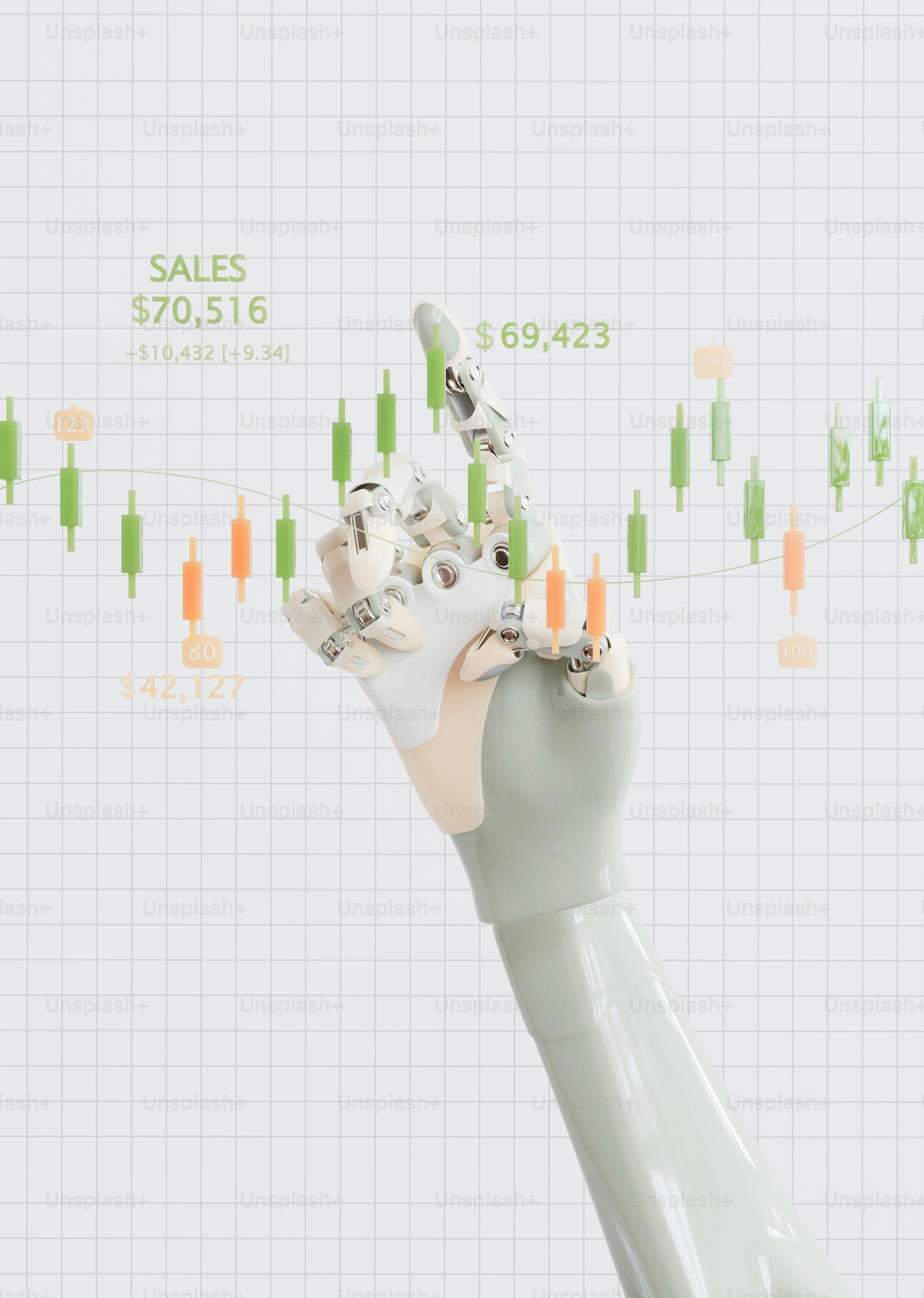 Robotic hand pointing at a digital financial graph