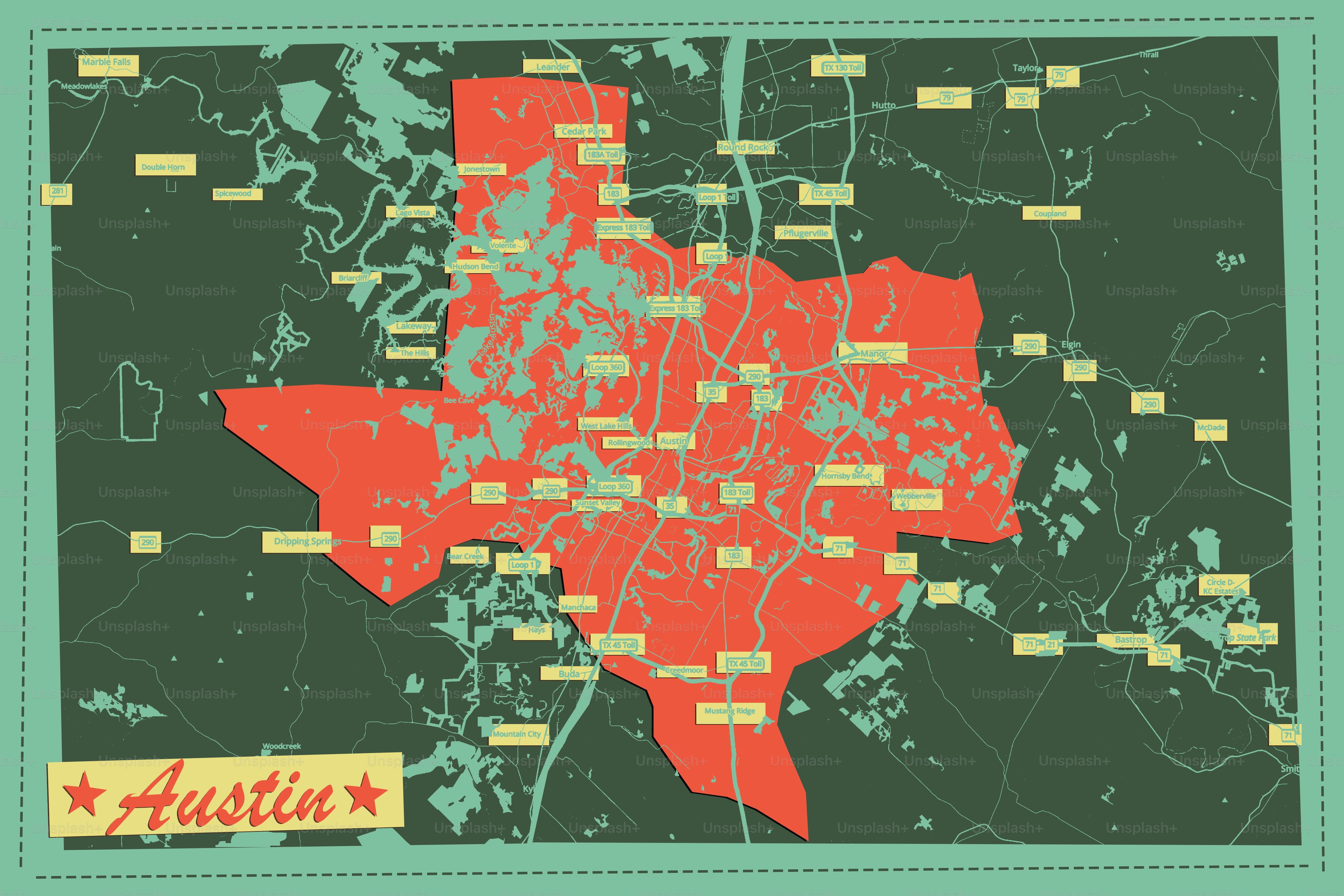 Stylized map of austin, texas, highlighting urban areas