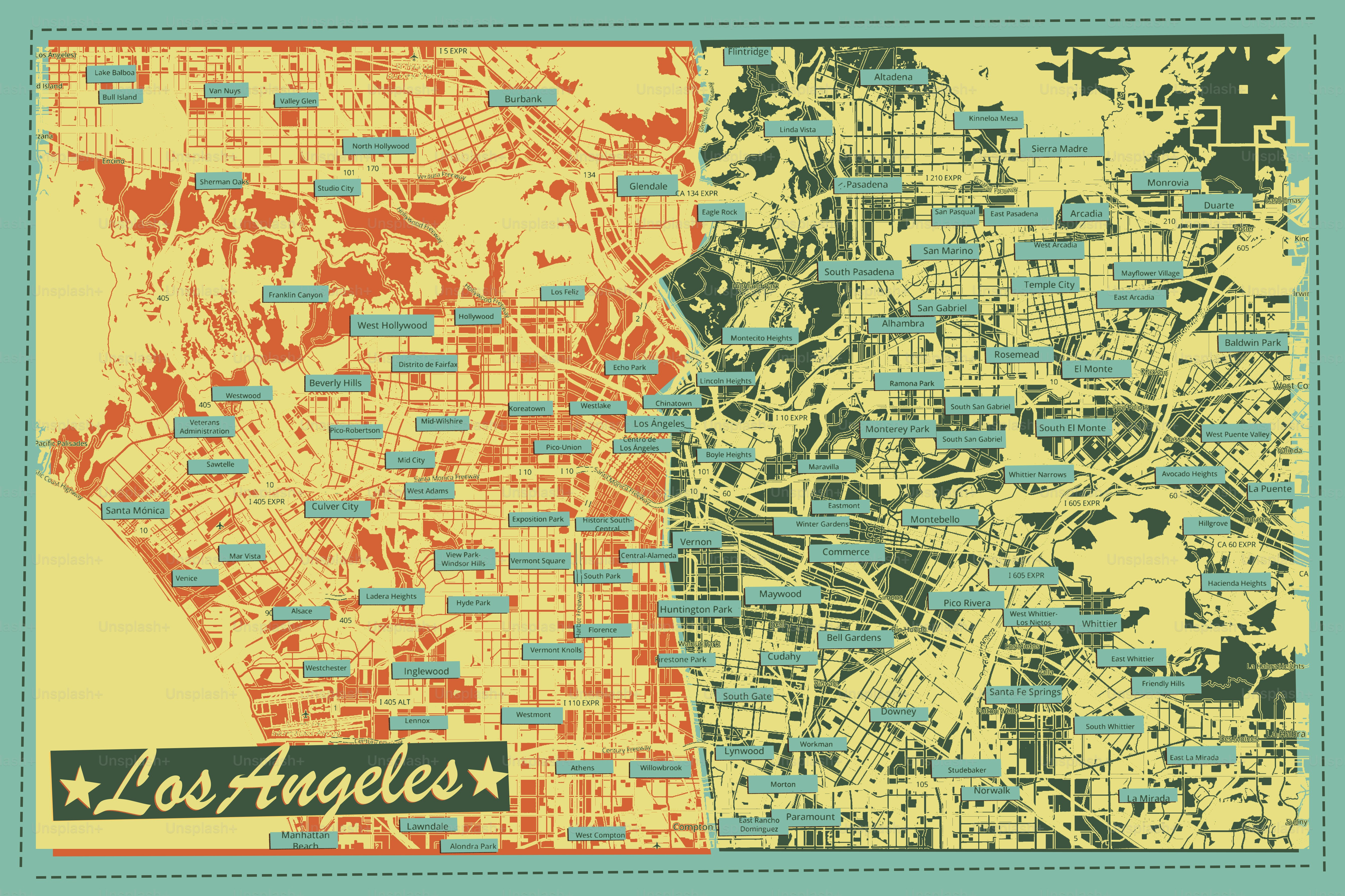 Mapa vintage estilizado dos bairros de Los Angeles