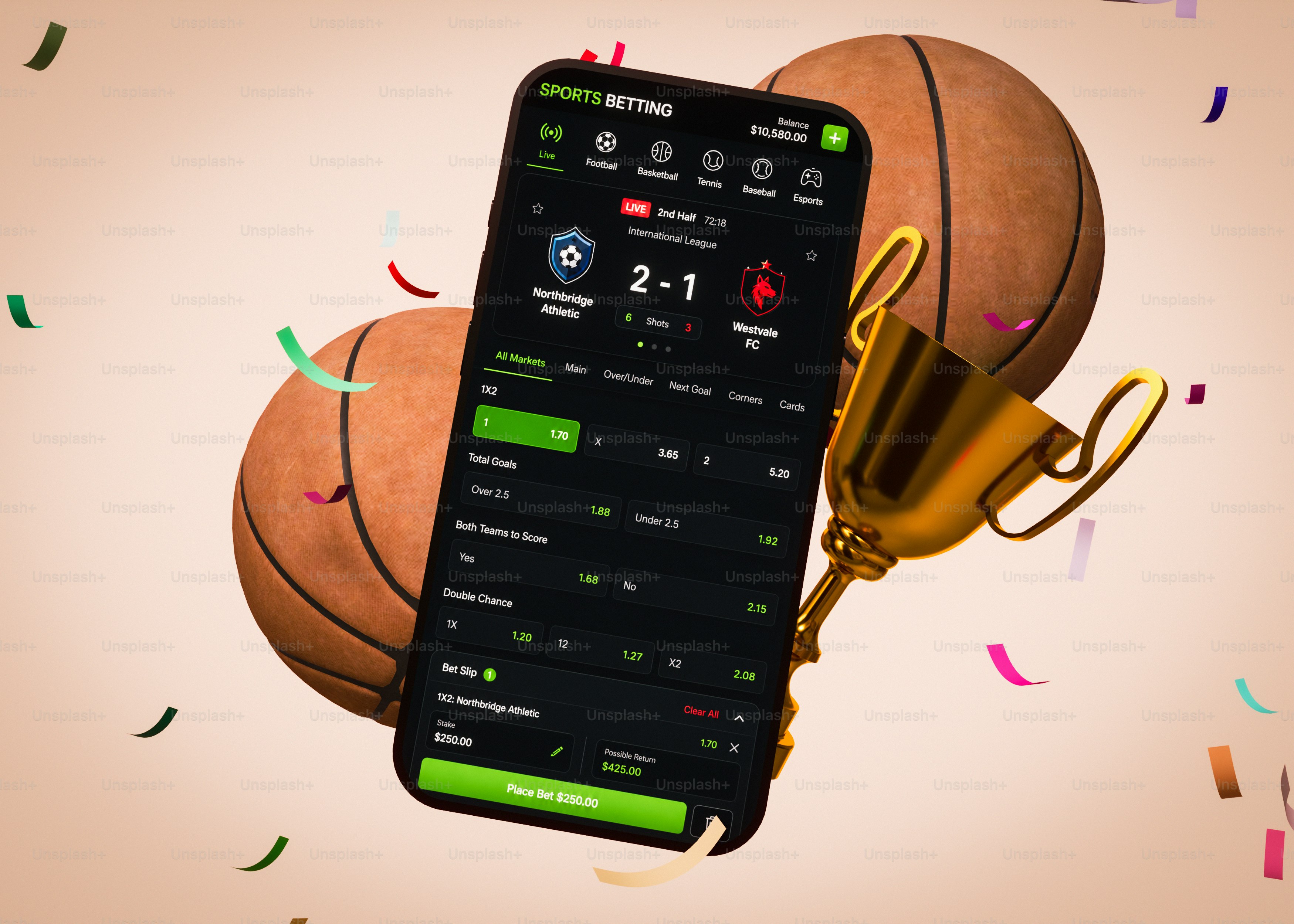 App di scommesse sportive, palloni da basket e trofei con coriandoli che cadono