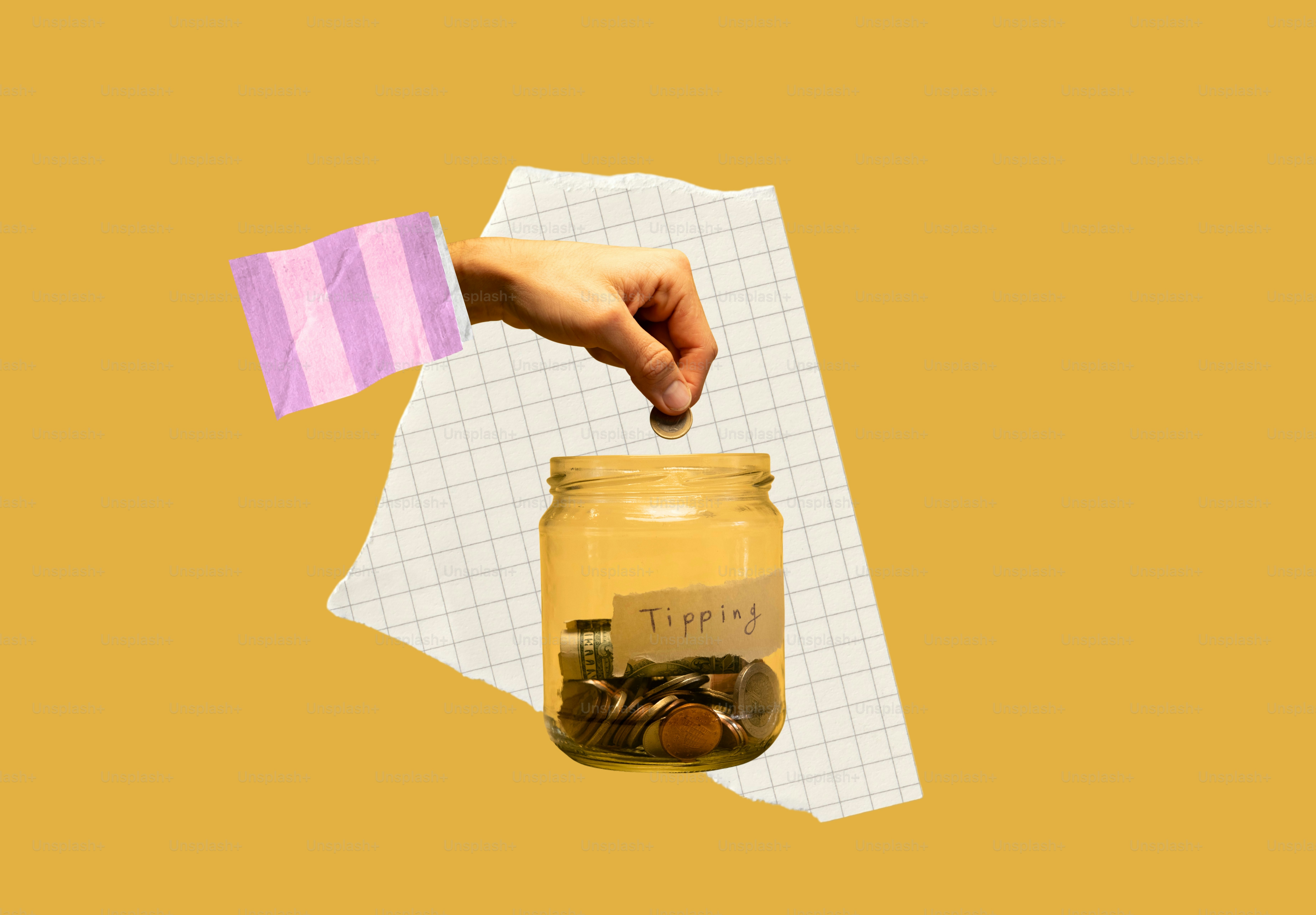 Hand dropping coin into a "tipping" jar