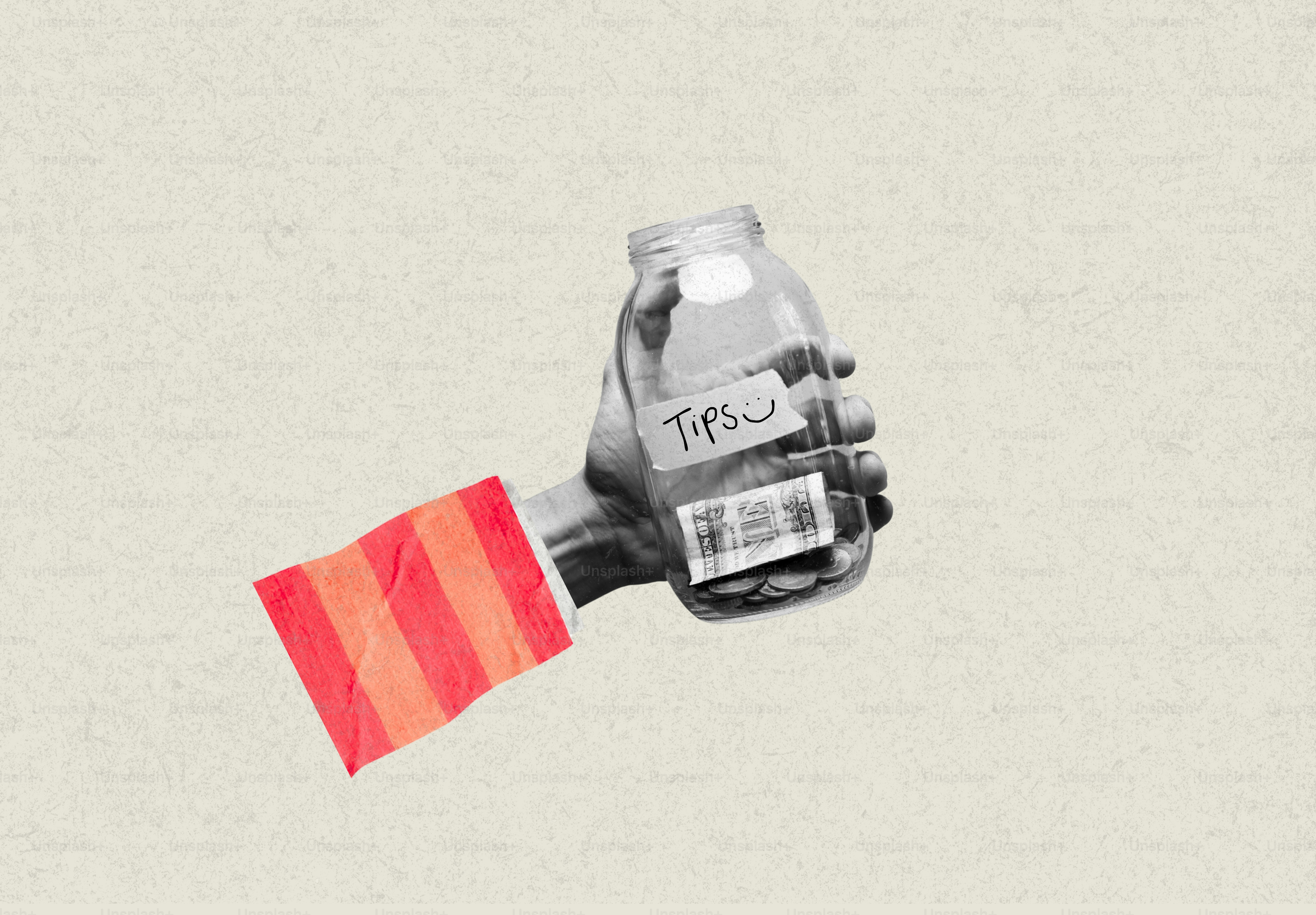 Grayscale hand with colorful sleeve holding a tip jar