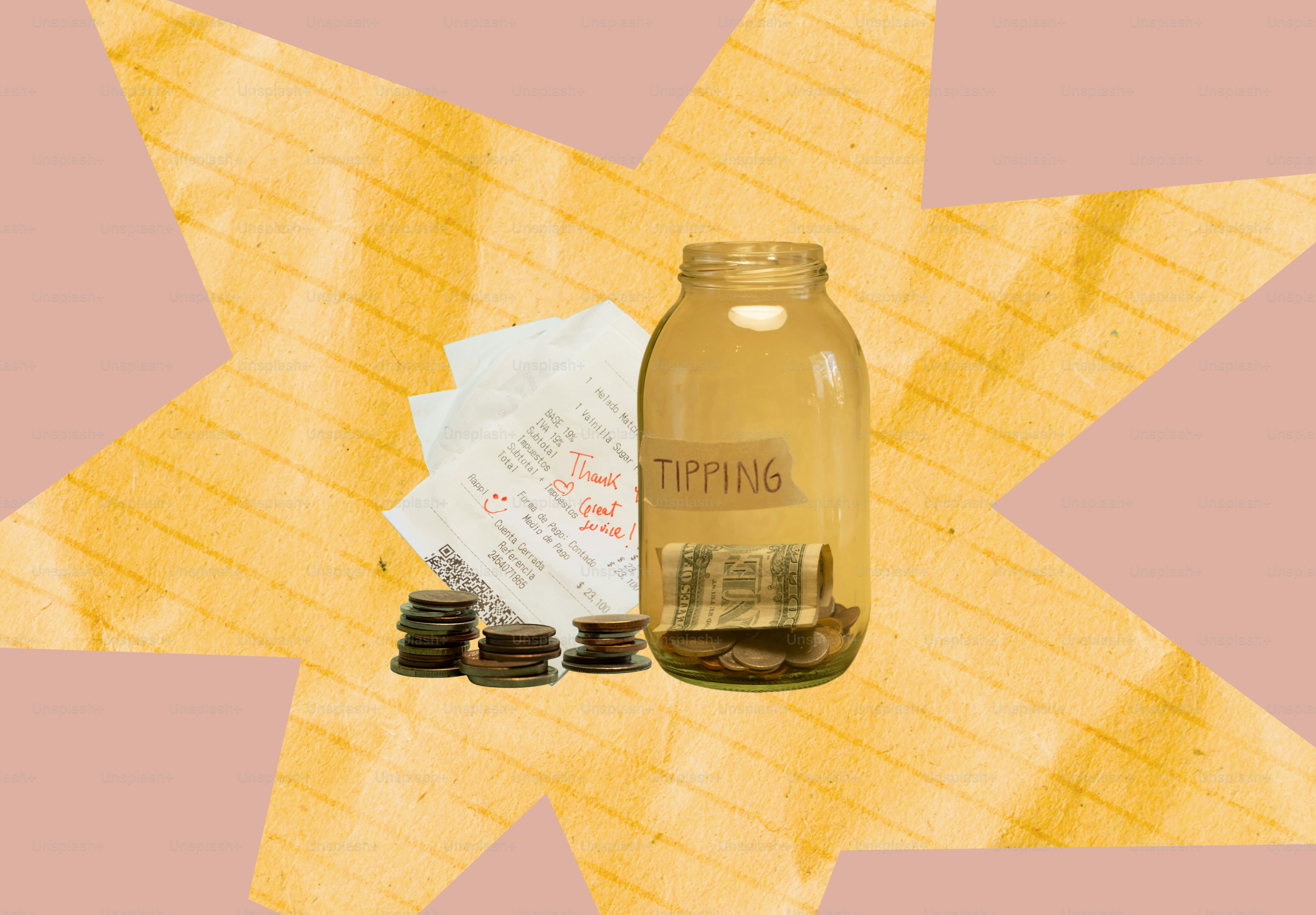 Tips jar filled with money, coins, and receipts
