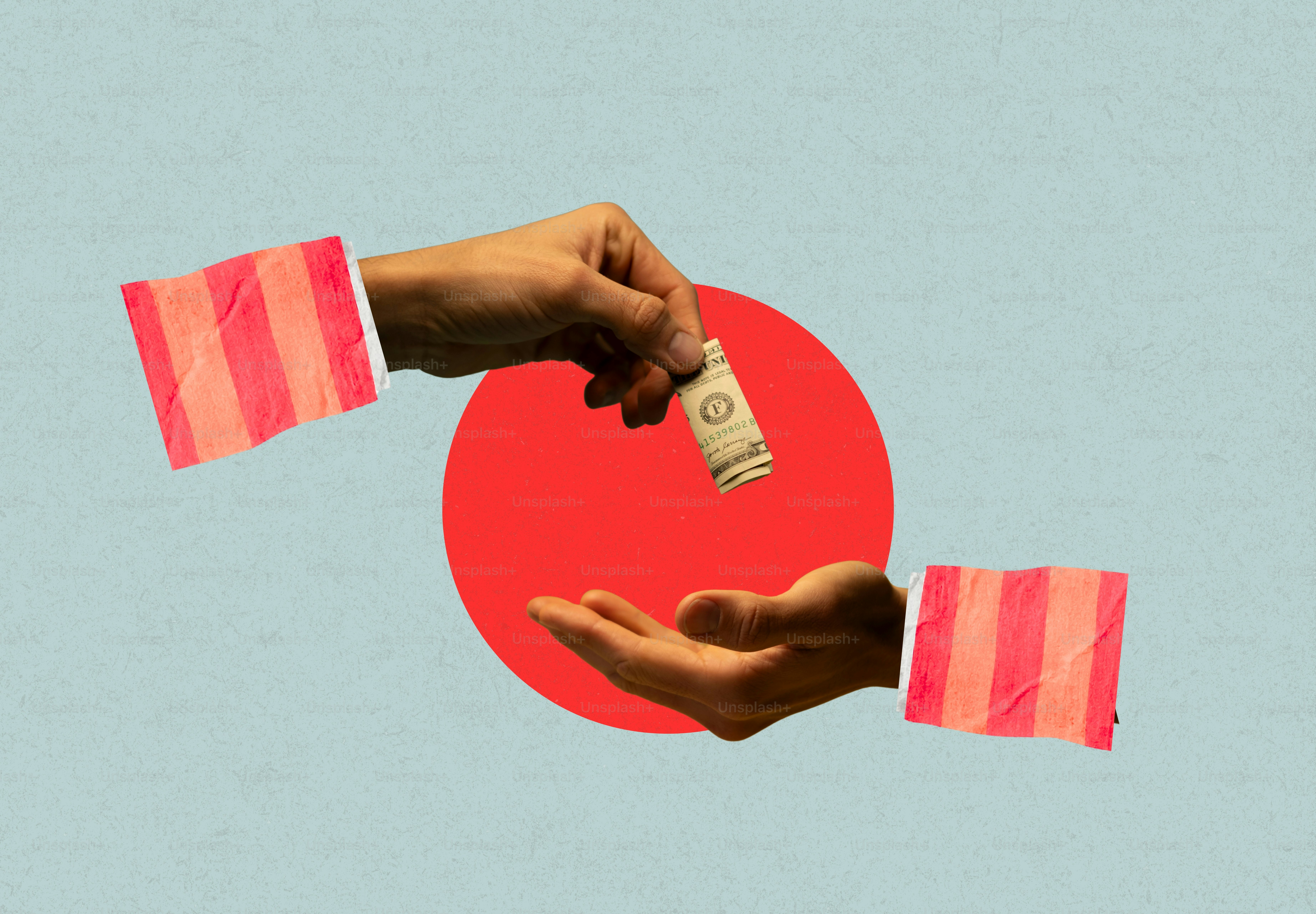 Hands exchanging a dollar bill against a red circle