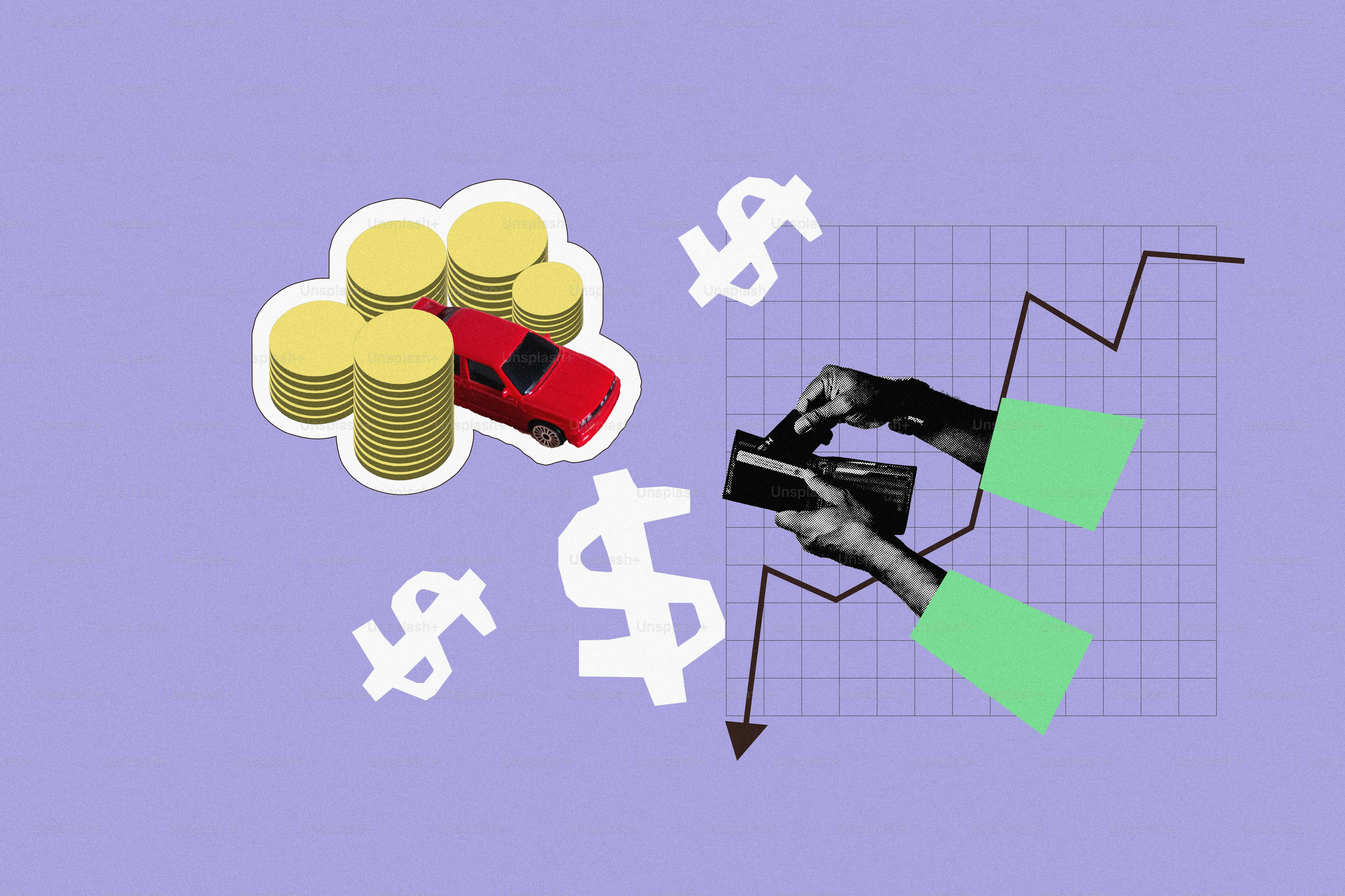 Financial concept with car, coins, hands, market graph