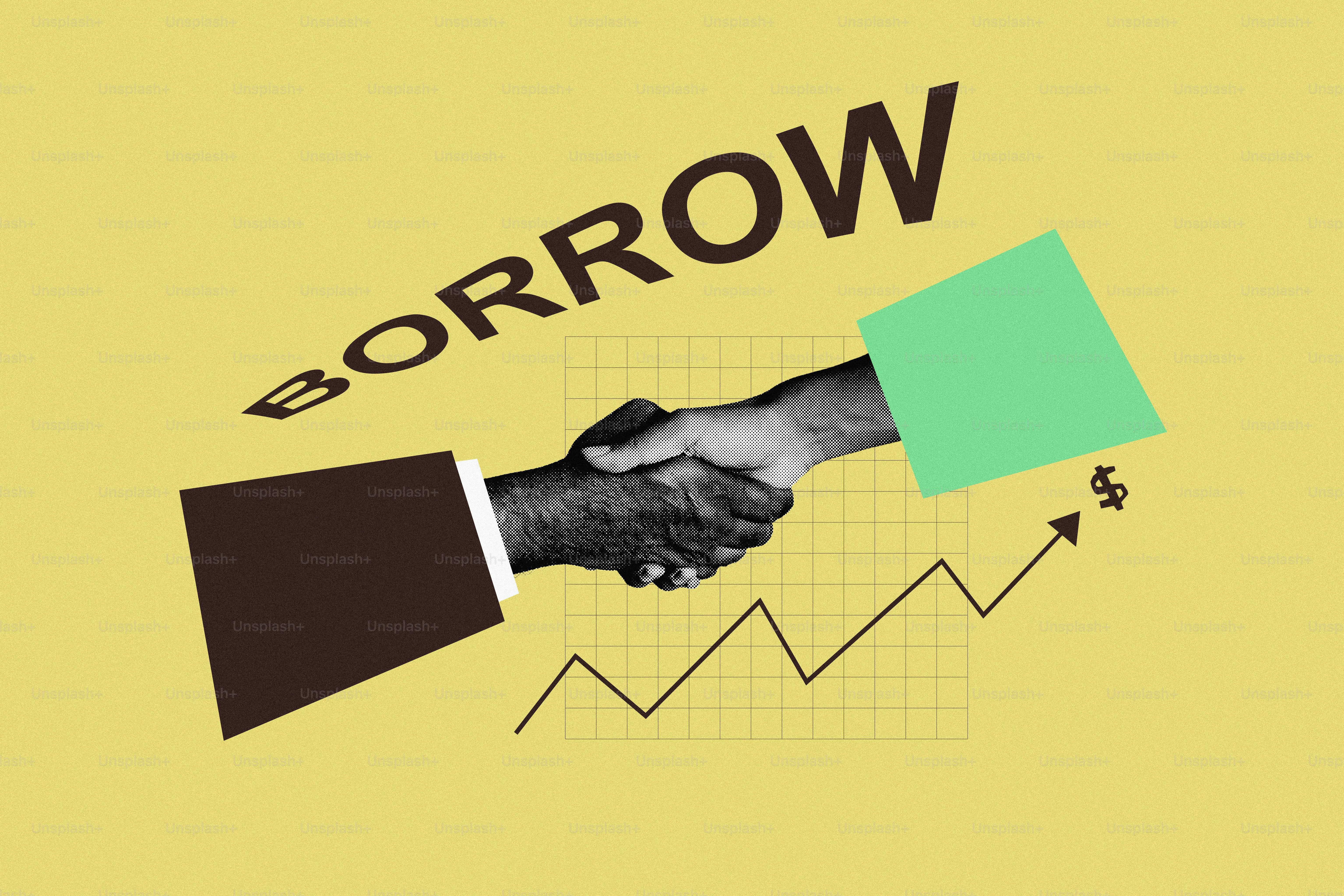Financial agreement with 'borrow' text and rising chart
