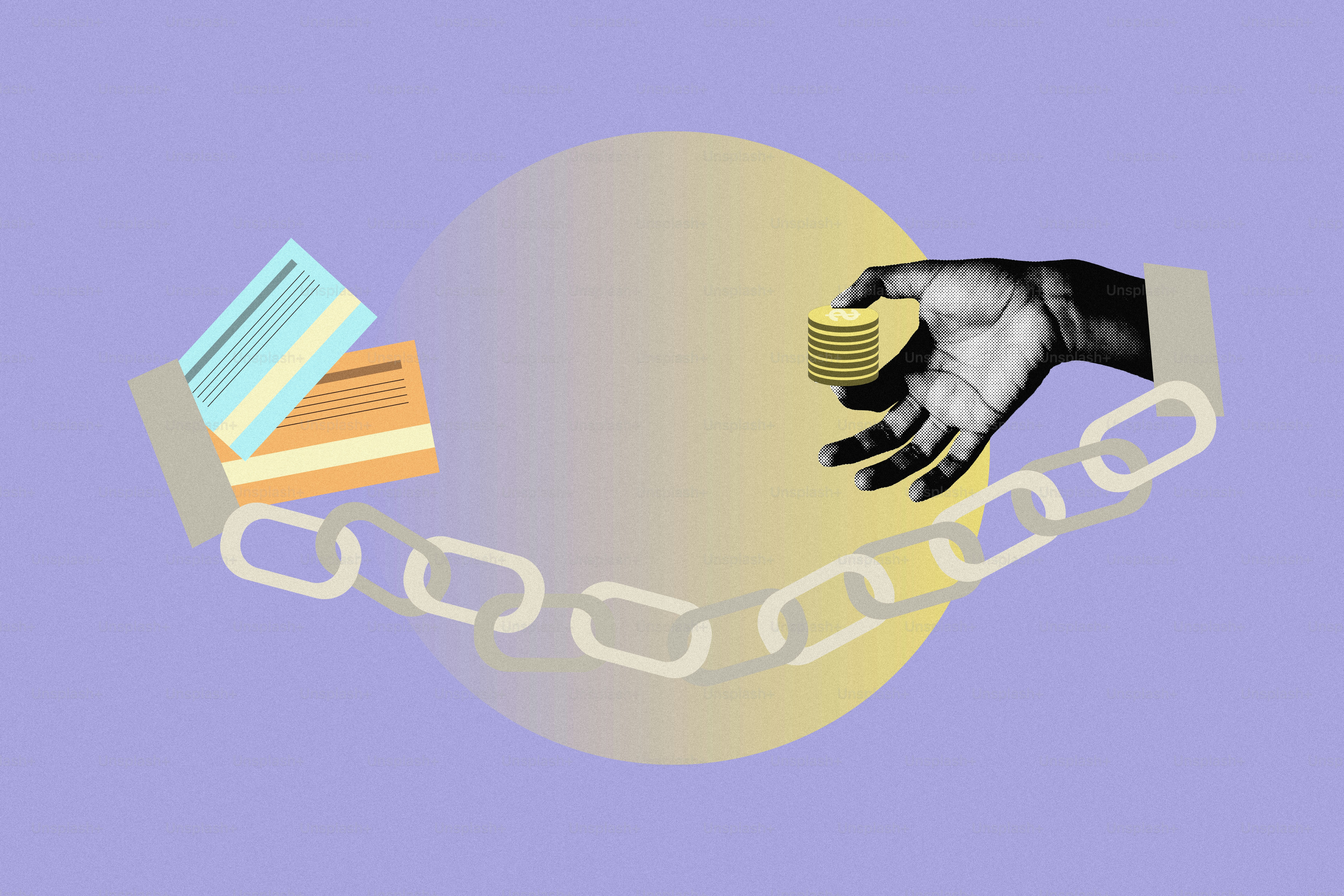 Hand holding money chained to credit cards