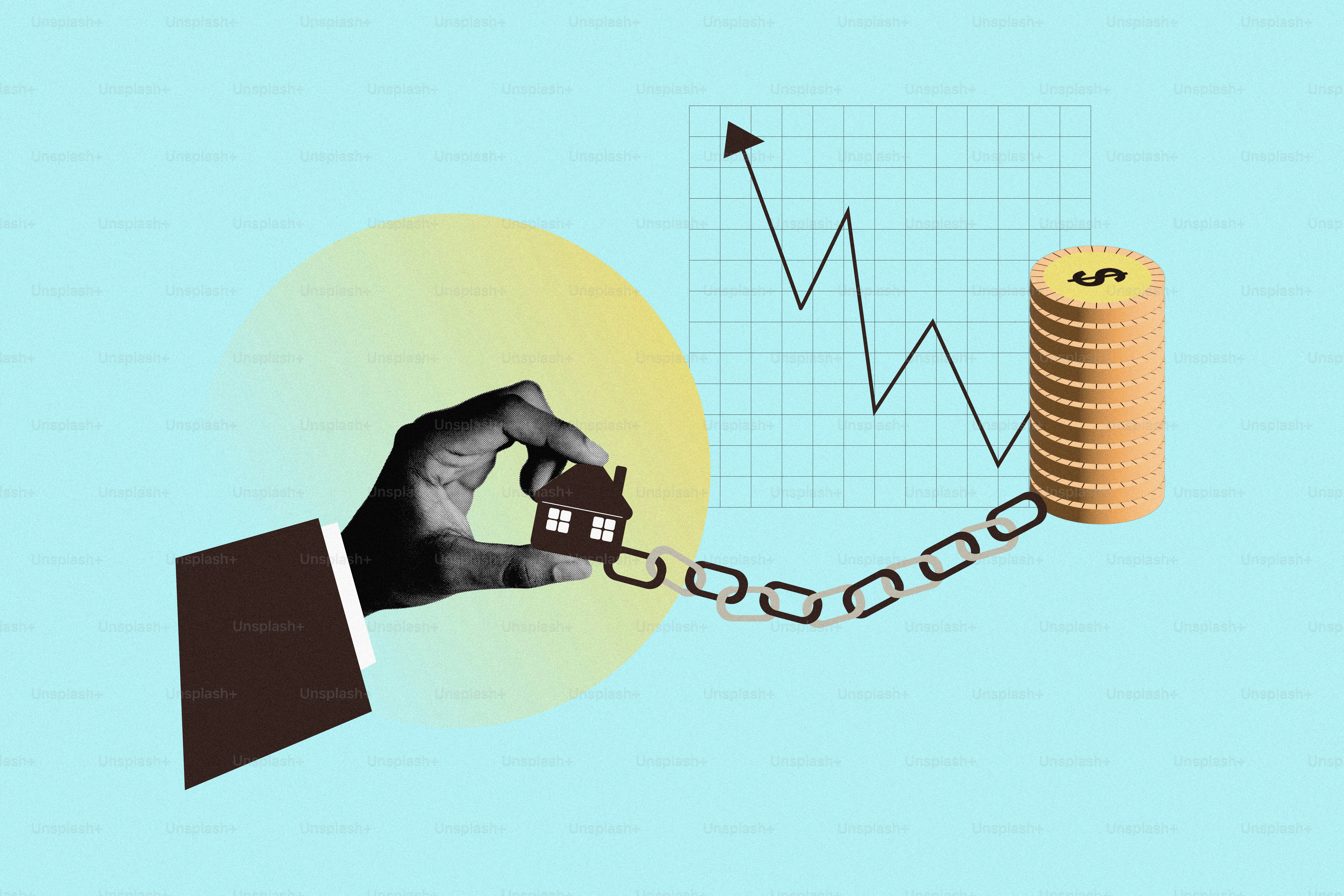 Hand holding house chained to money, market graph