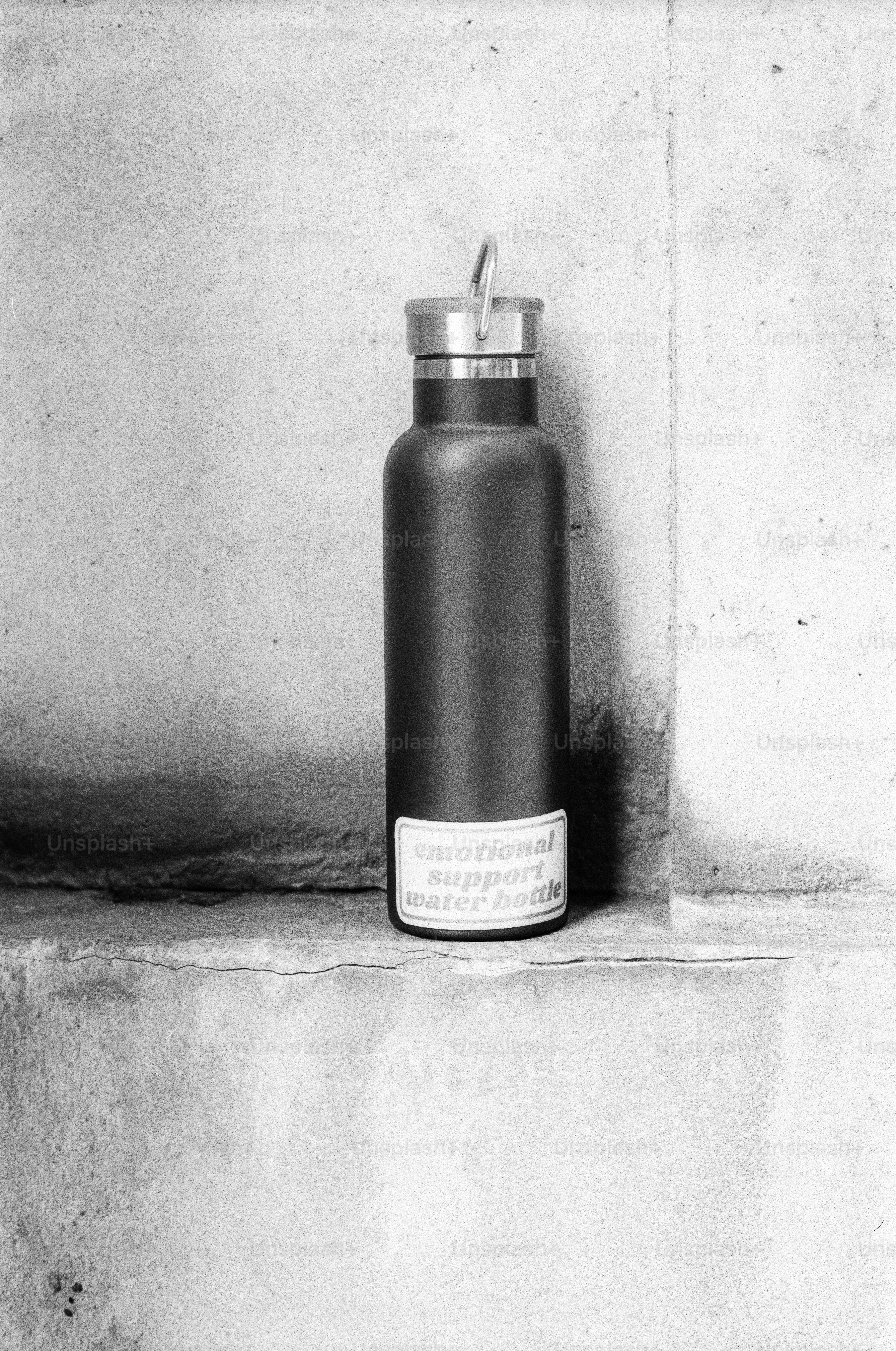 Emotional support water bottle against concrete wall