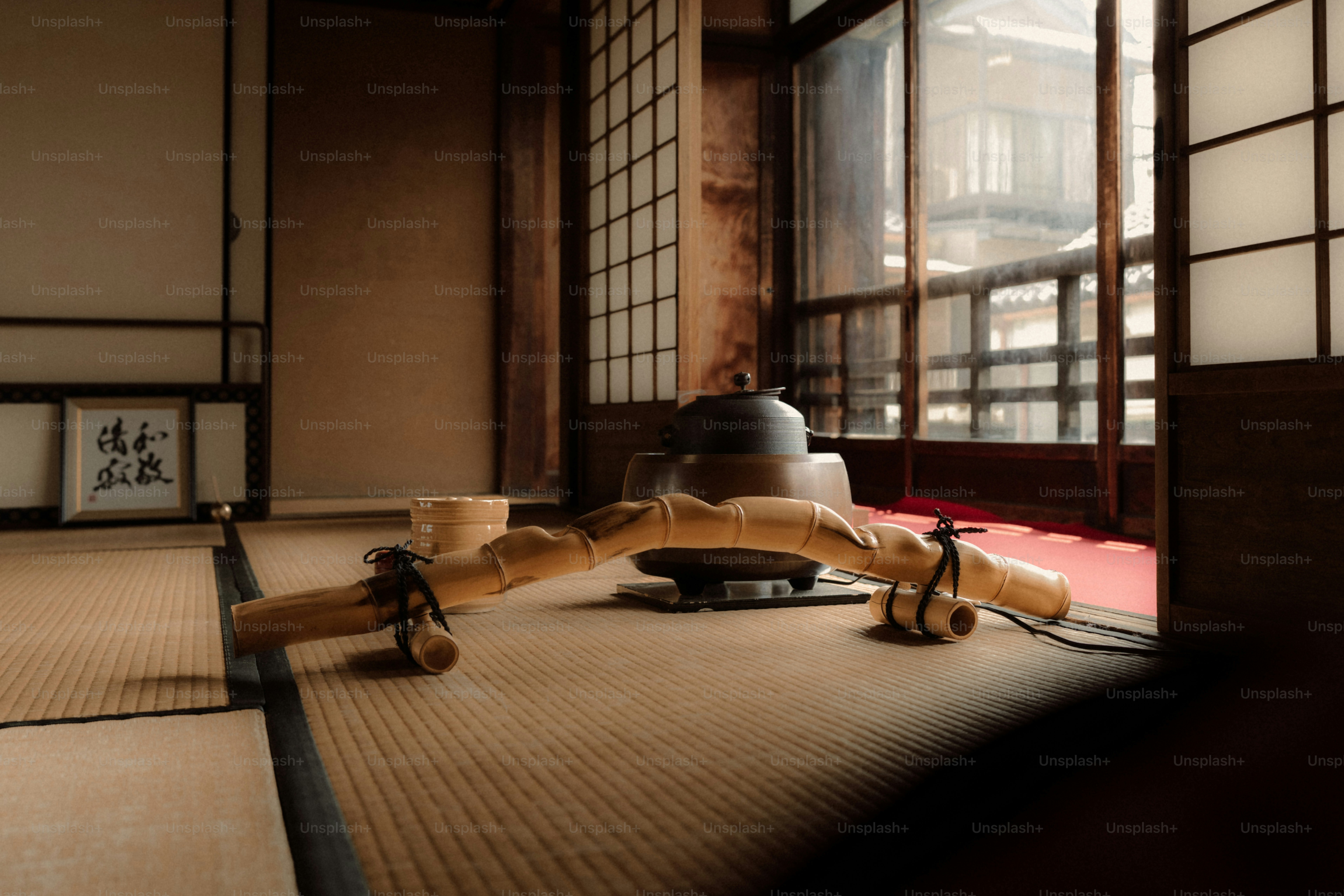 Traditional japanese room with tea set and bamboo