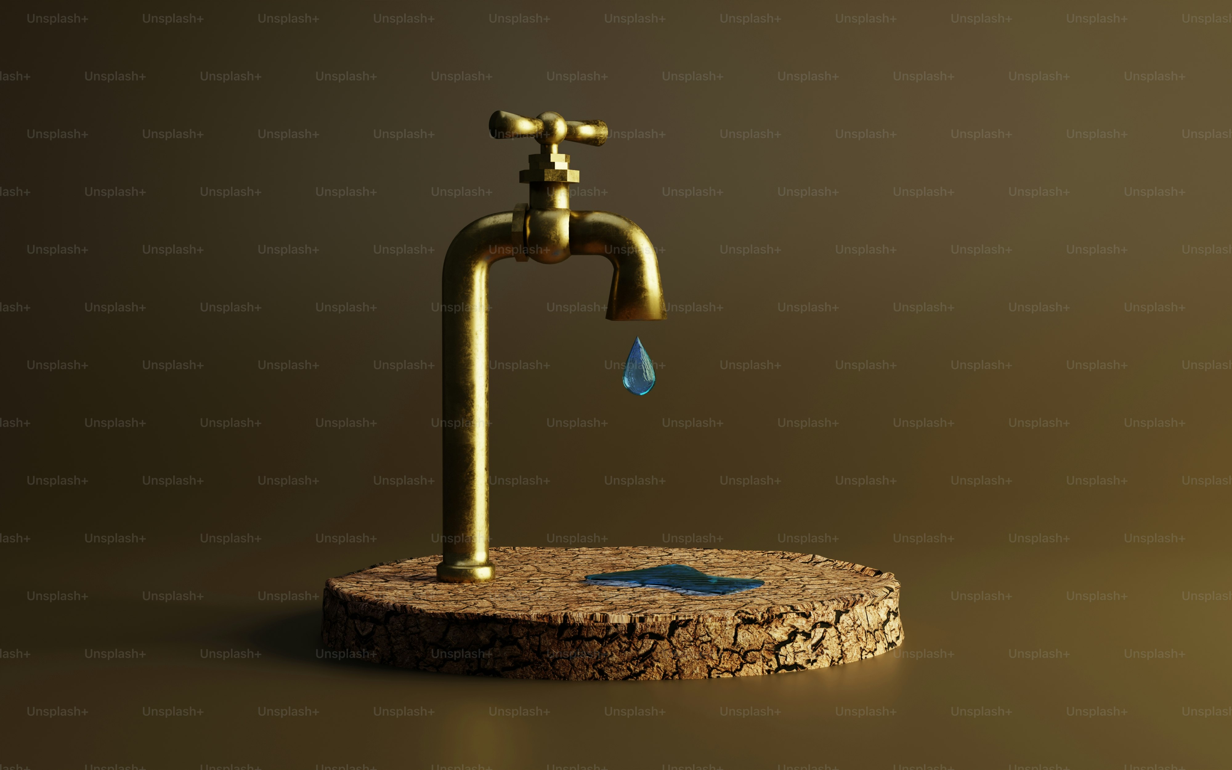 Golden faucet dripping water onto dry cracked earth