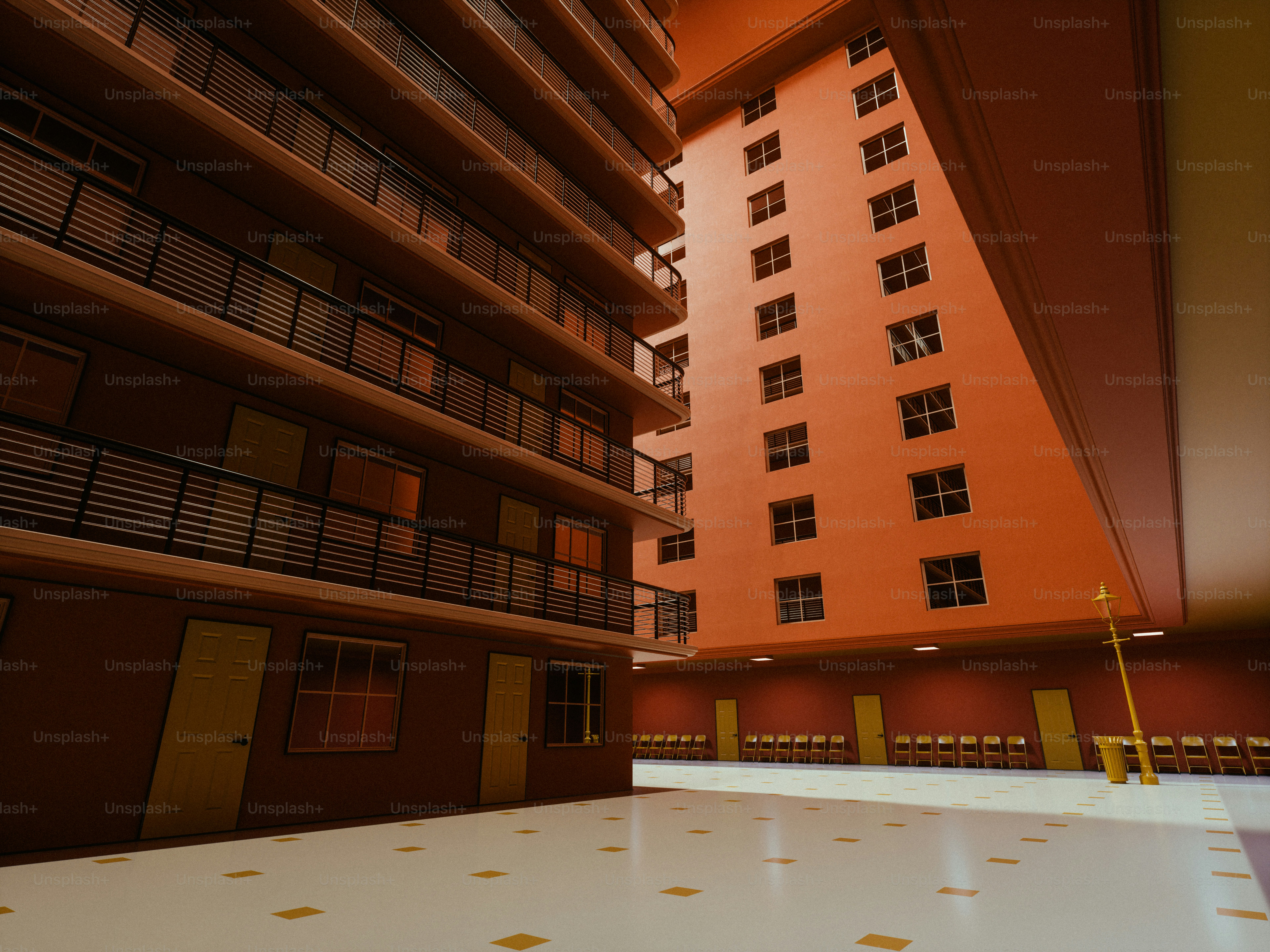 Liminal orange architecture with rows of chairs