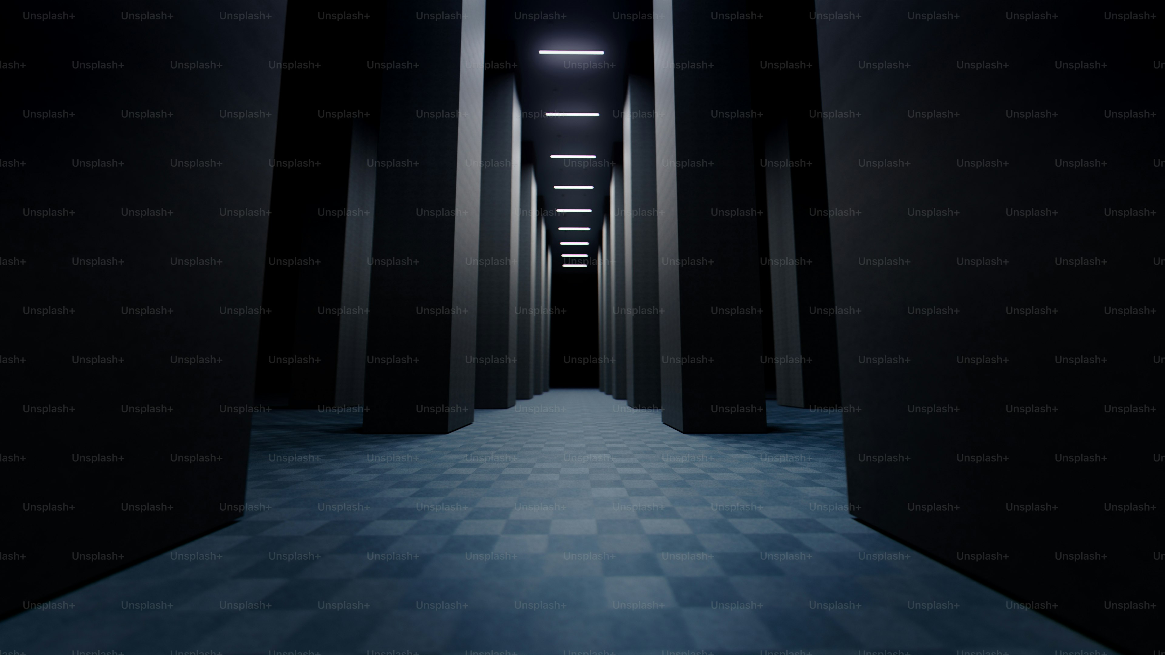 Dark, empty hallway with pillars and checkered floor