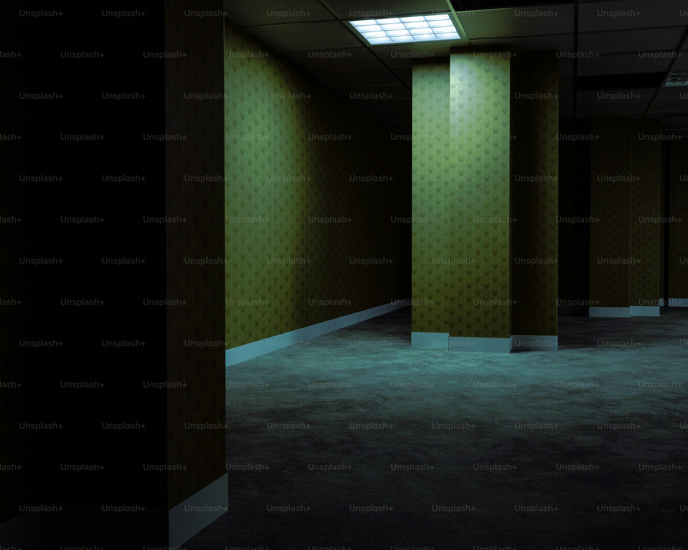 Dimly lit liminal space with patterned walls