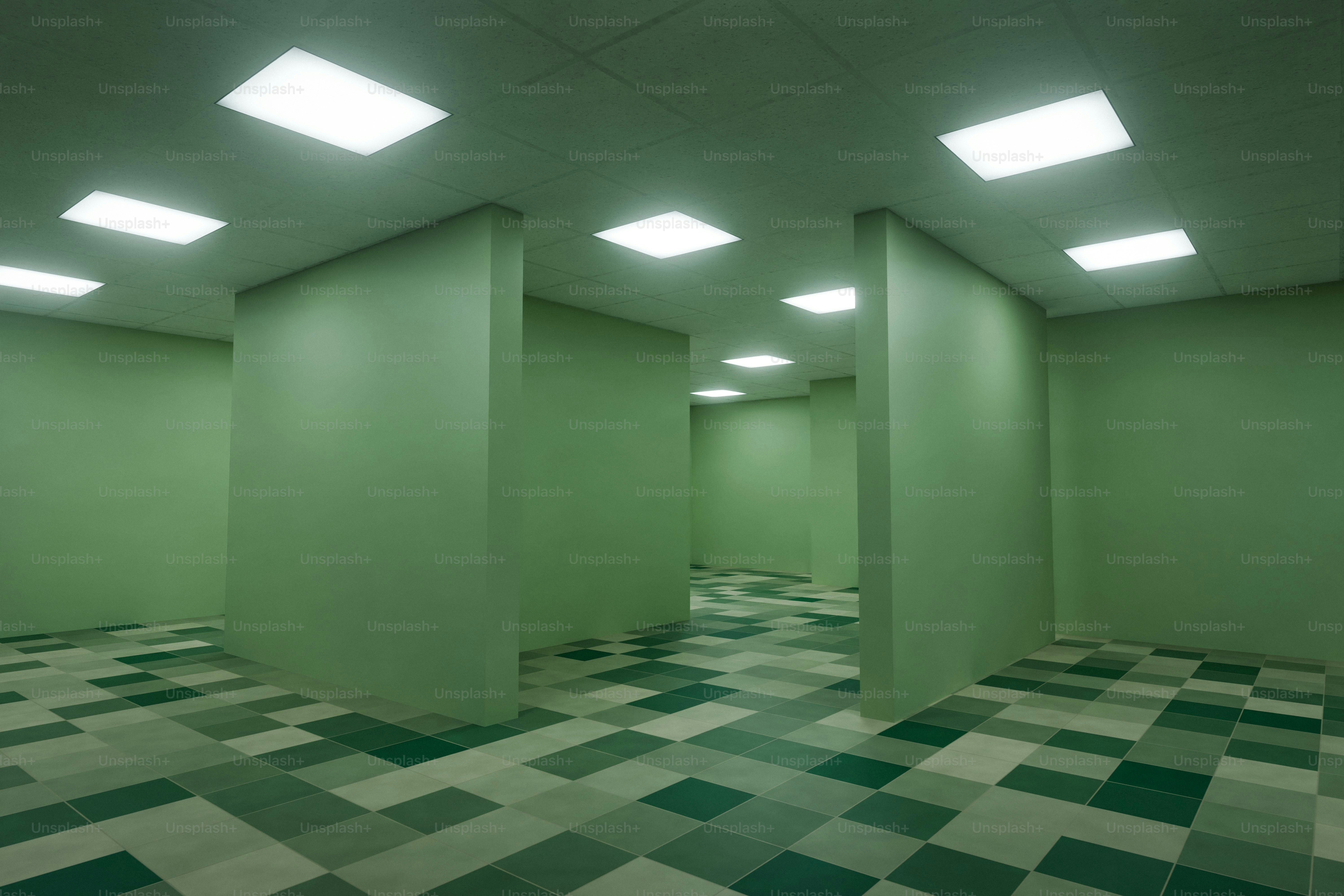Green-walled room with checkered floor and bright lights