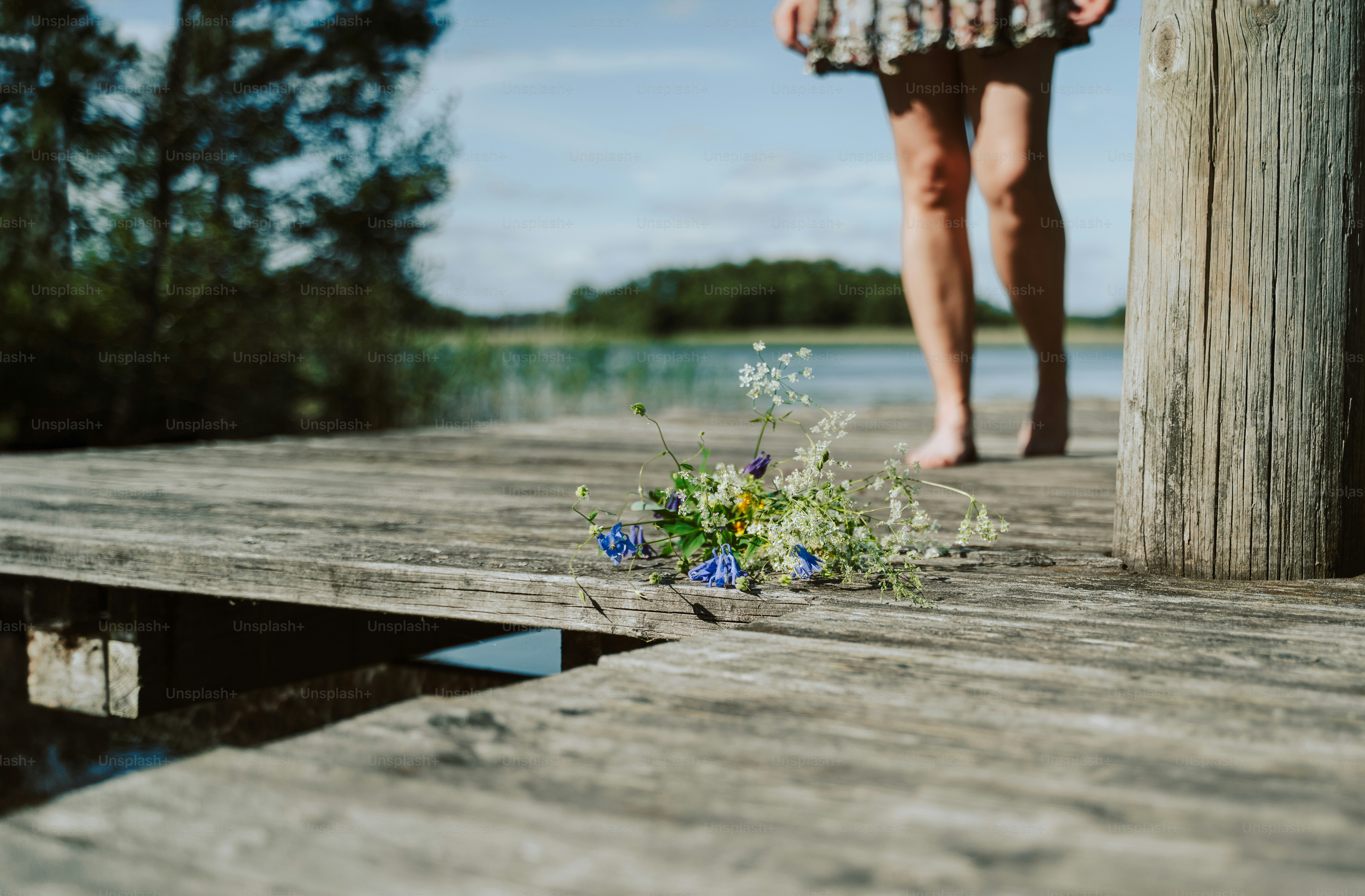 Wildflowers on wooden pier, barefoot person by lake