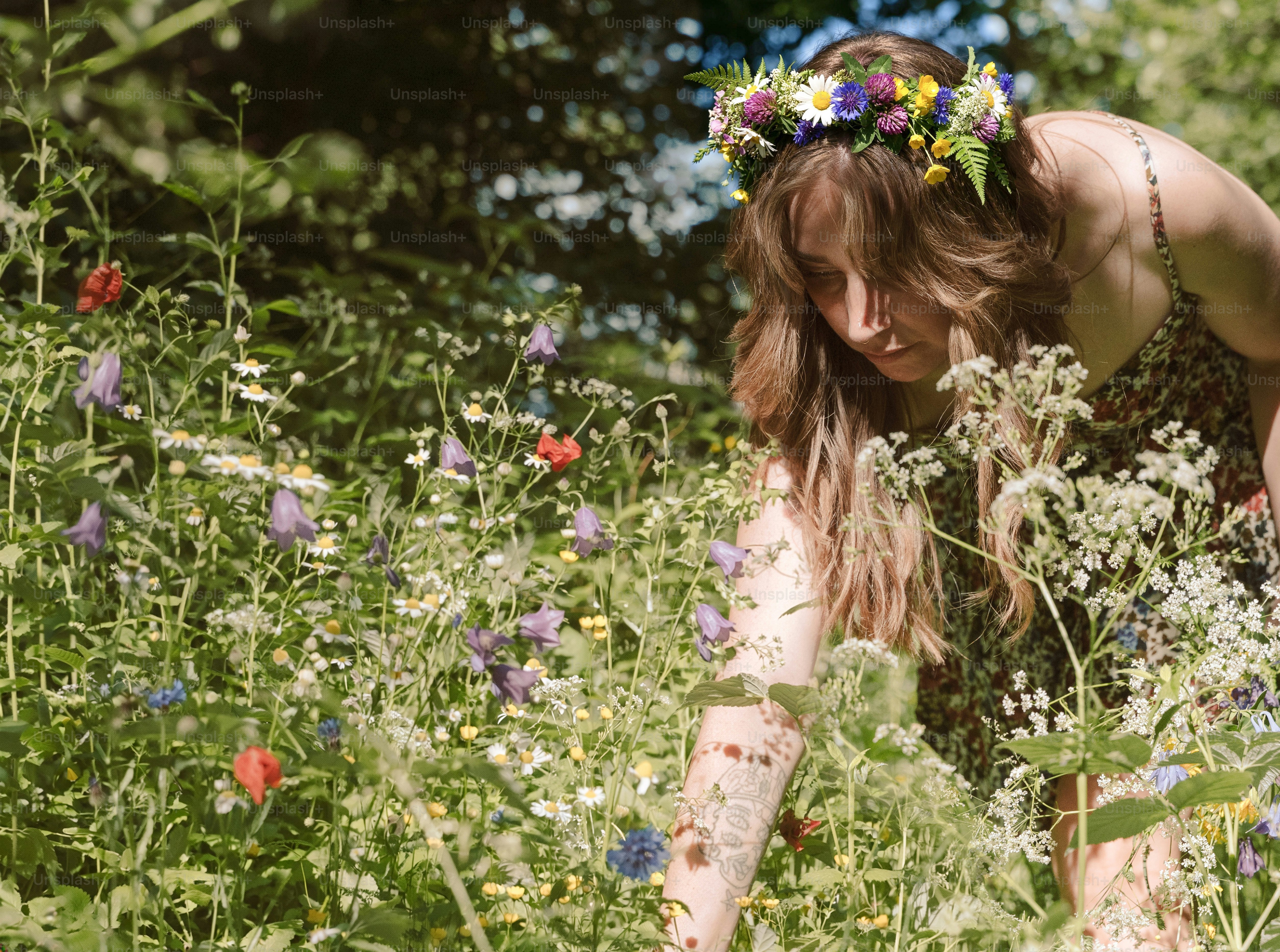 Woman picking wildflowers for a flower crown