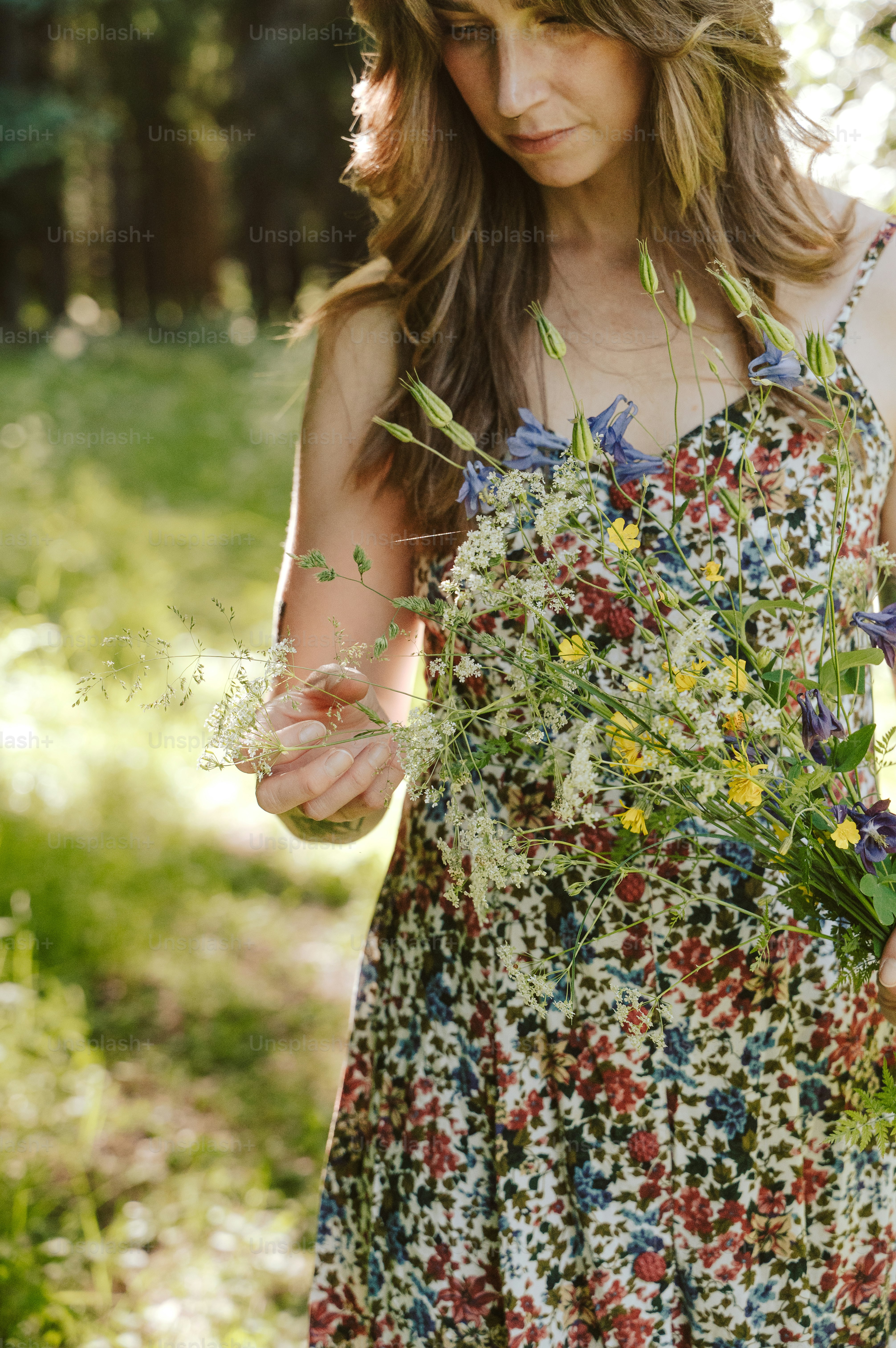 Frau im Blumenkleid sammelt Wildblumen im sonnenbeschienenen Wald