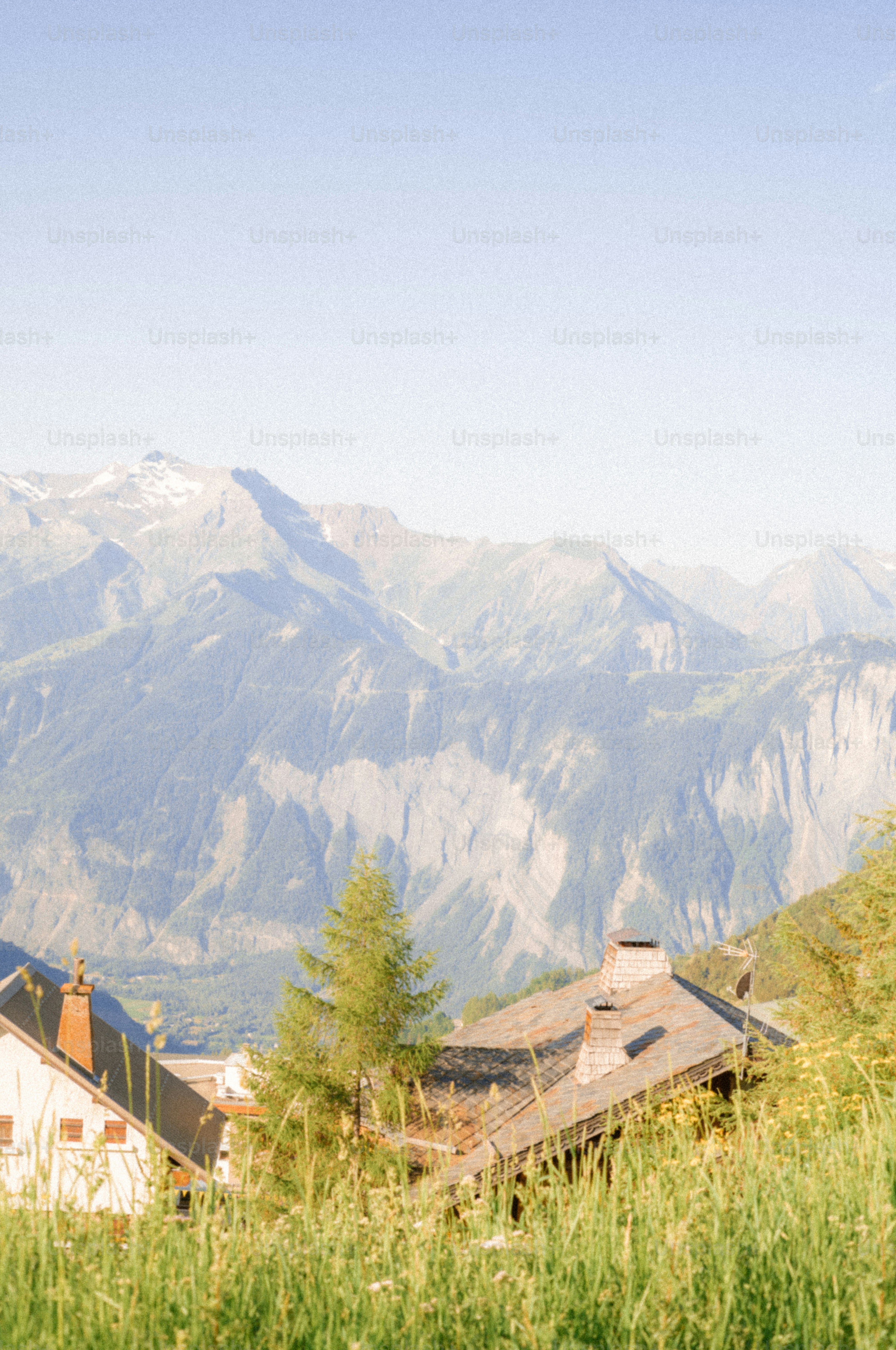 Mountain landscape with houses and tall green grass