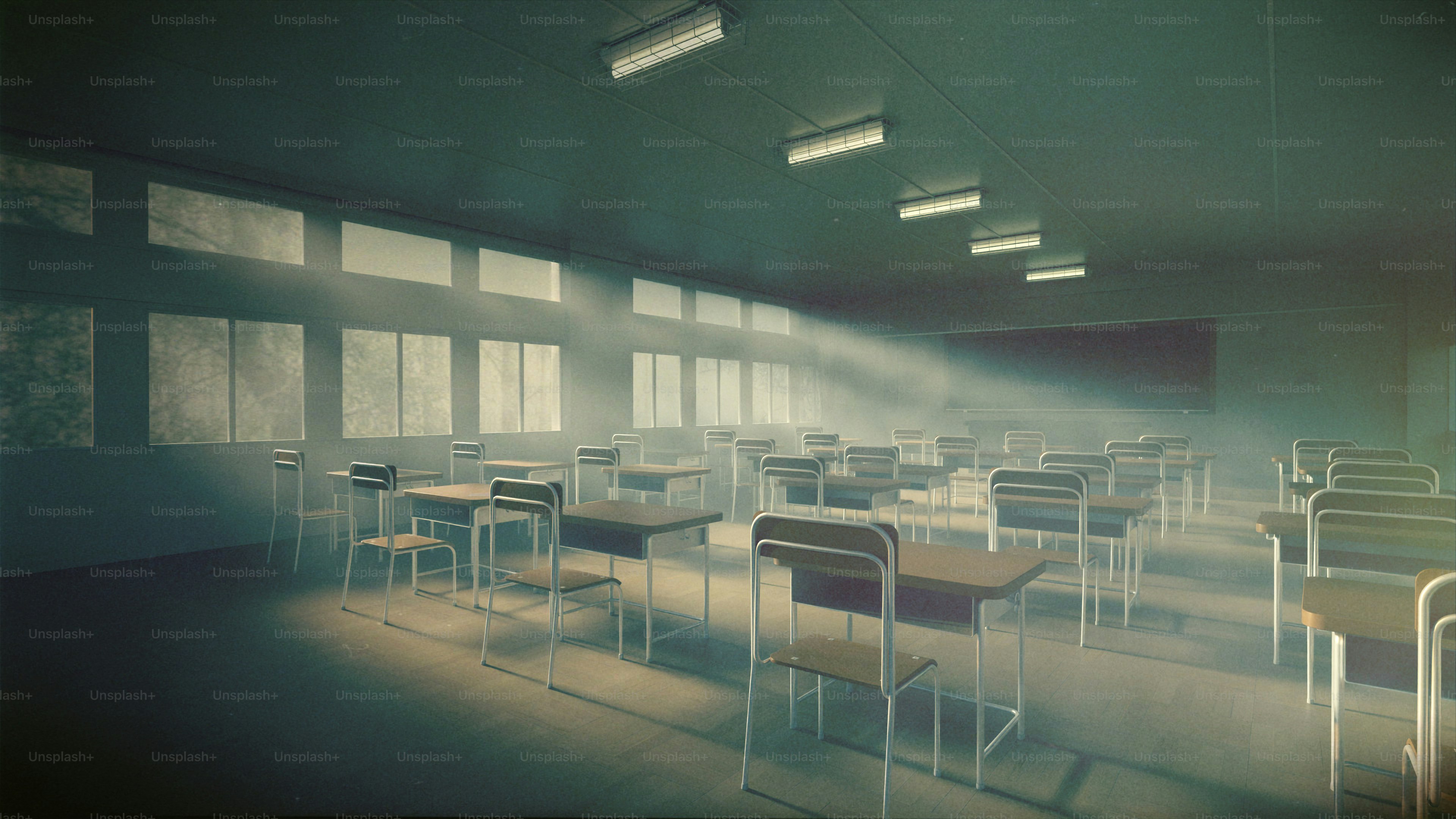 Nostalgic classroom bathed in light rays