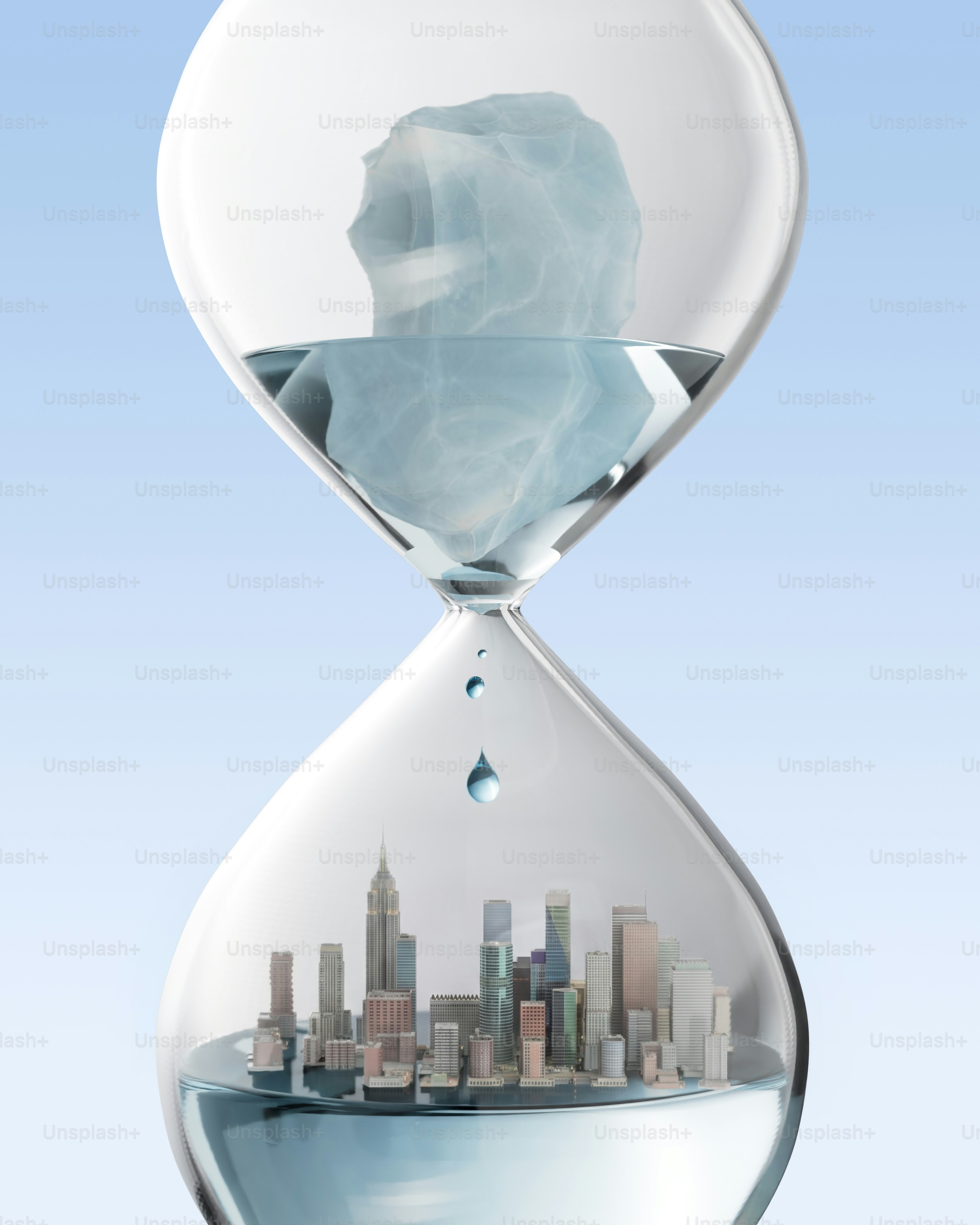 Iceberg che si scioglie in una clessidra sopra la città sommersa