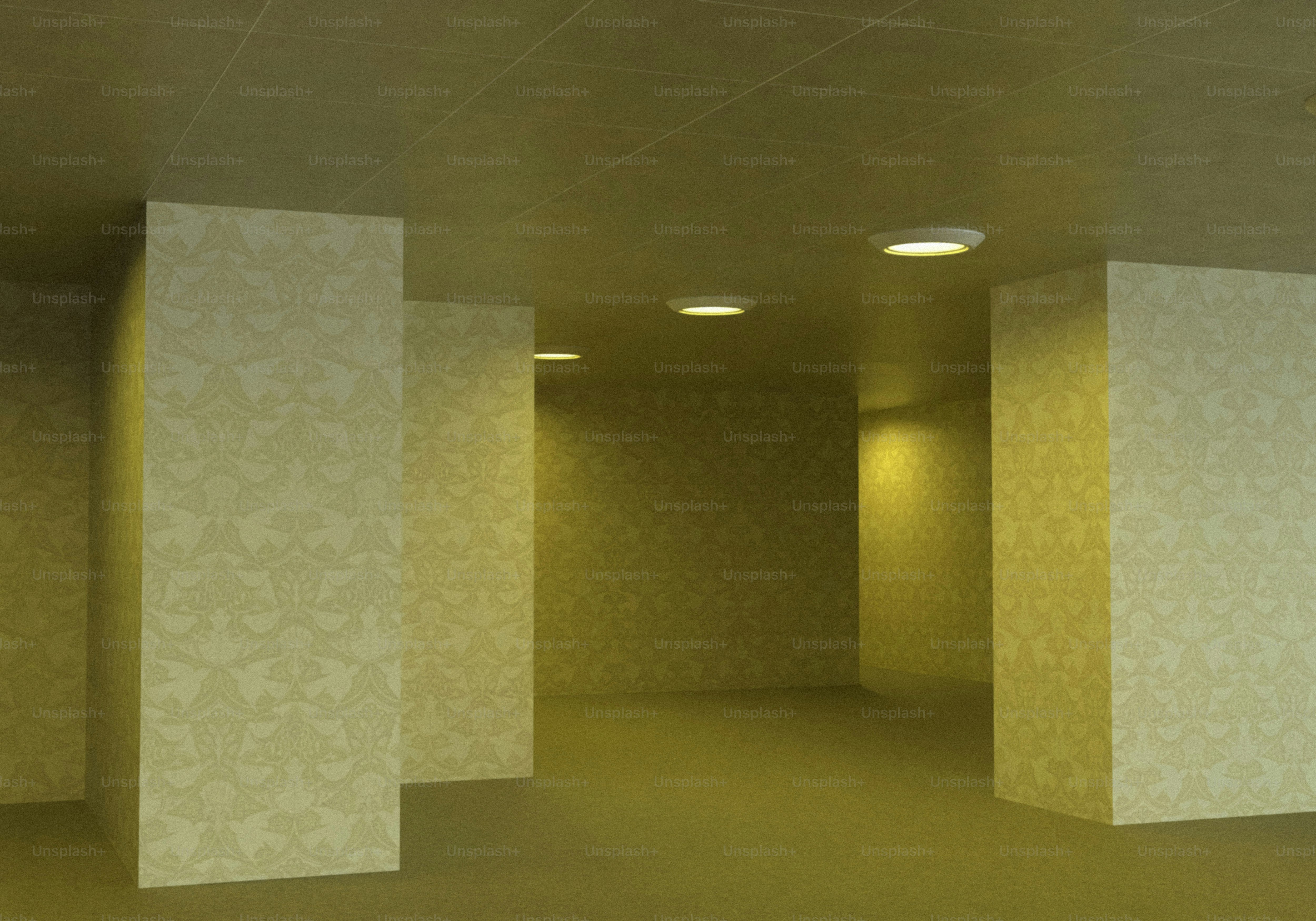 Empty yellow room with pillars and ceiling lights