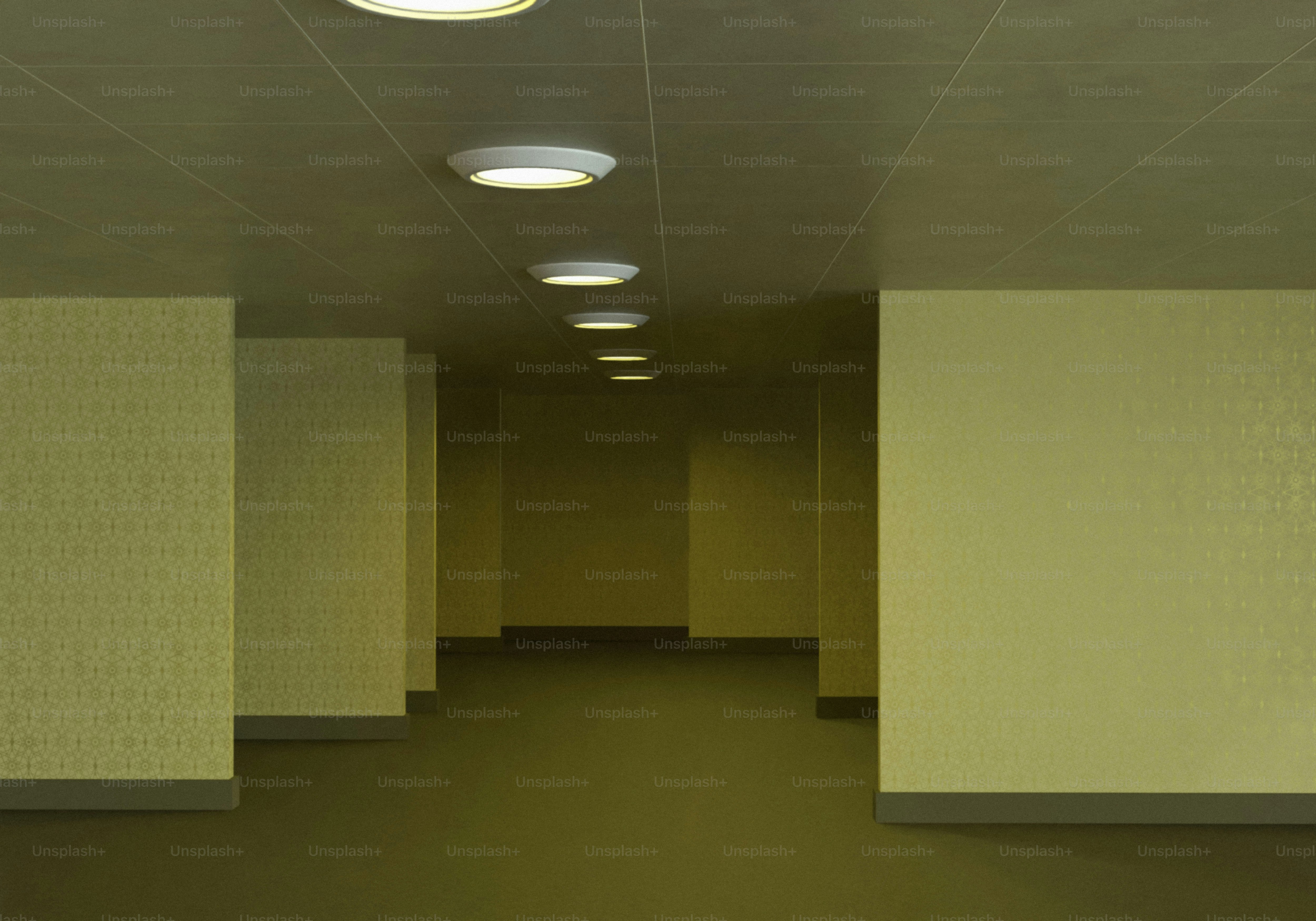 Empty yellow hallway with circular ceiling lights