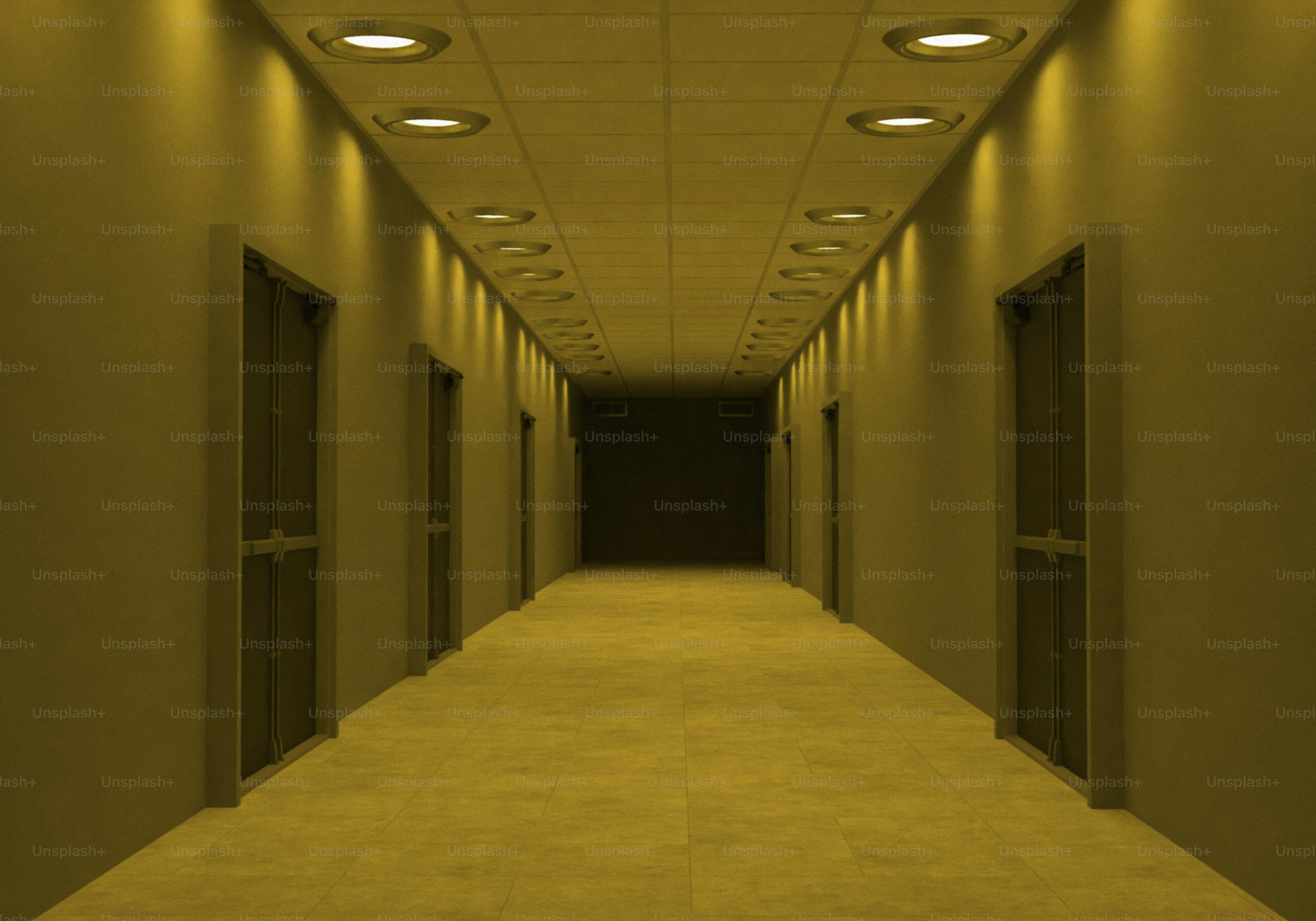 Long hallway with doors receding into darkness