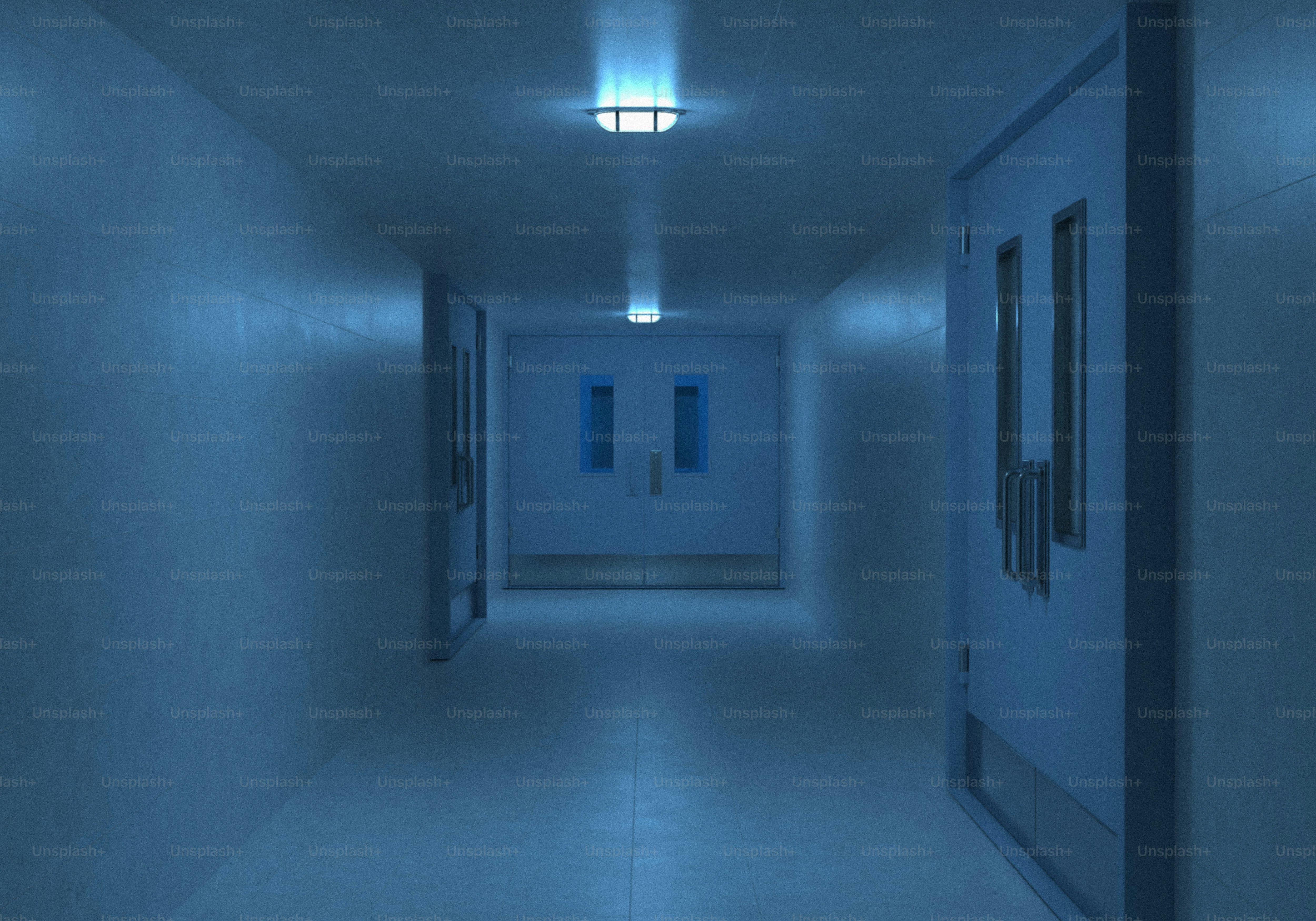 Dark blue hallway with fluorescent lights and closed doors
