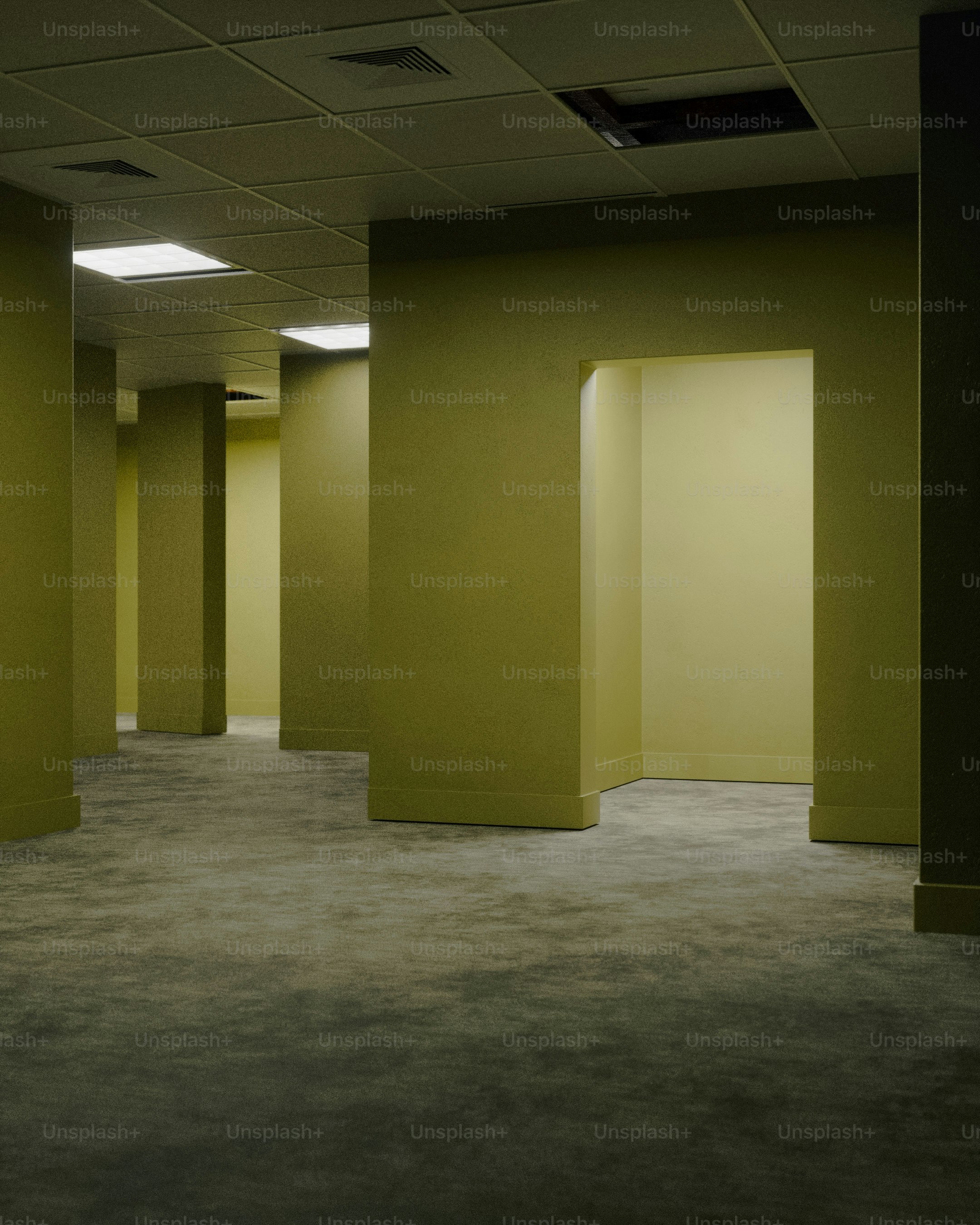 Empty liminal space with yellow walls and carpet