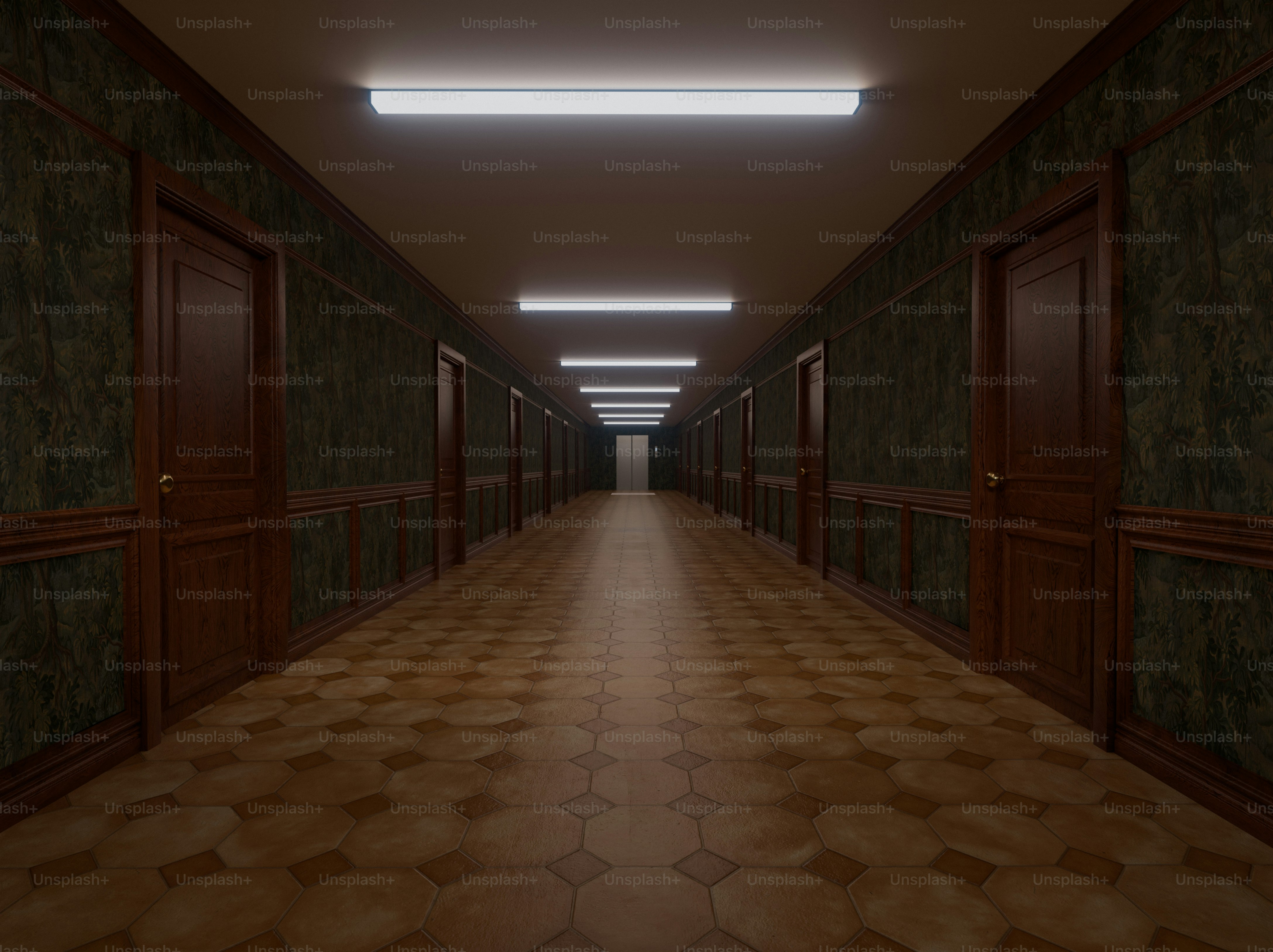 Long, empty hallway with patterned walls and many doors