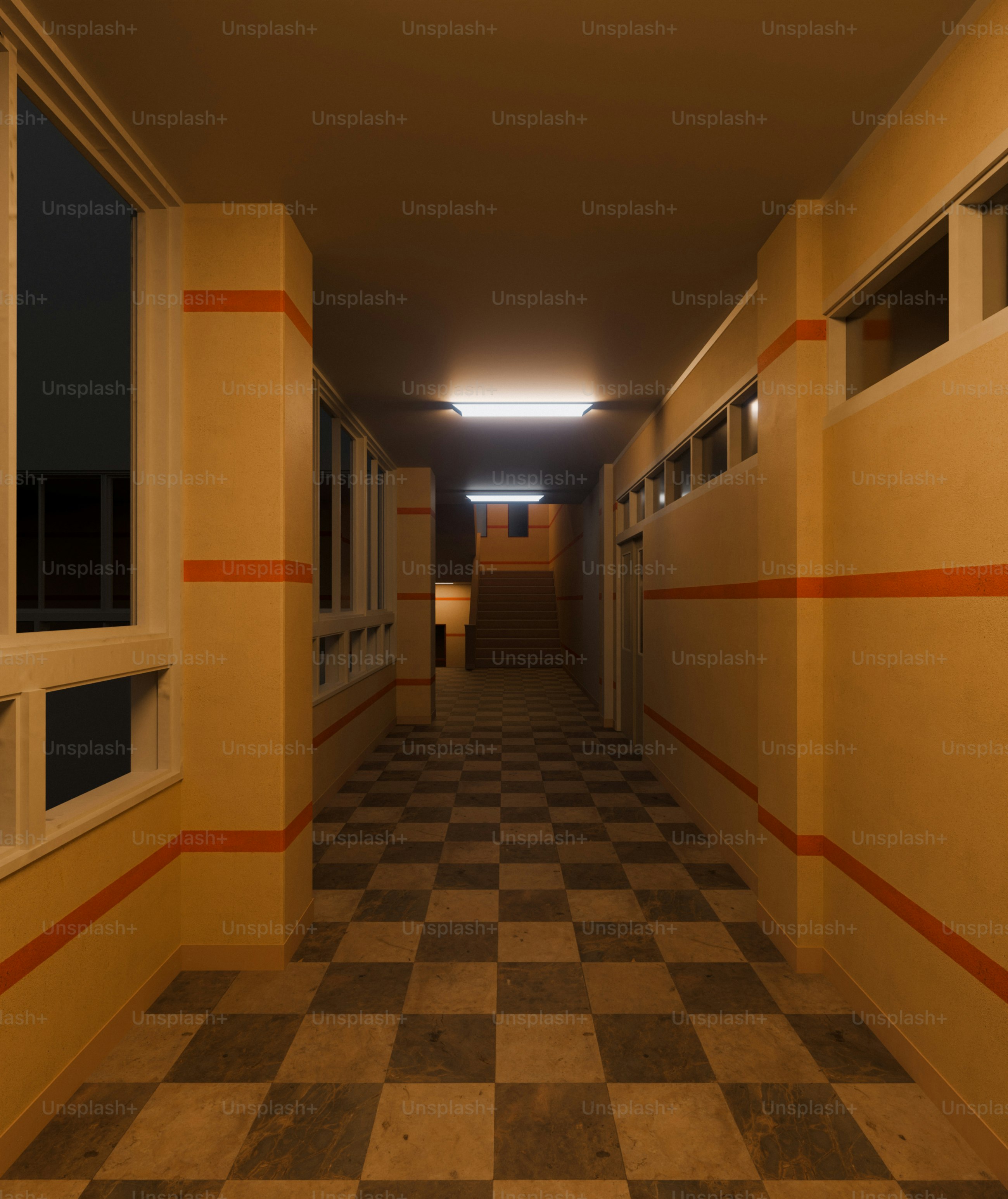 Empty hallway with checkered floor and dim lighting