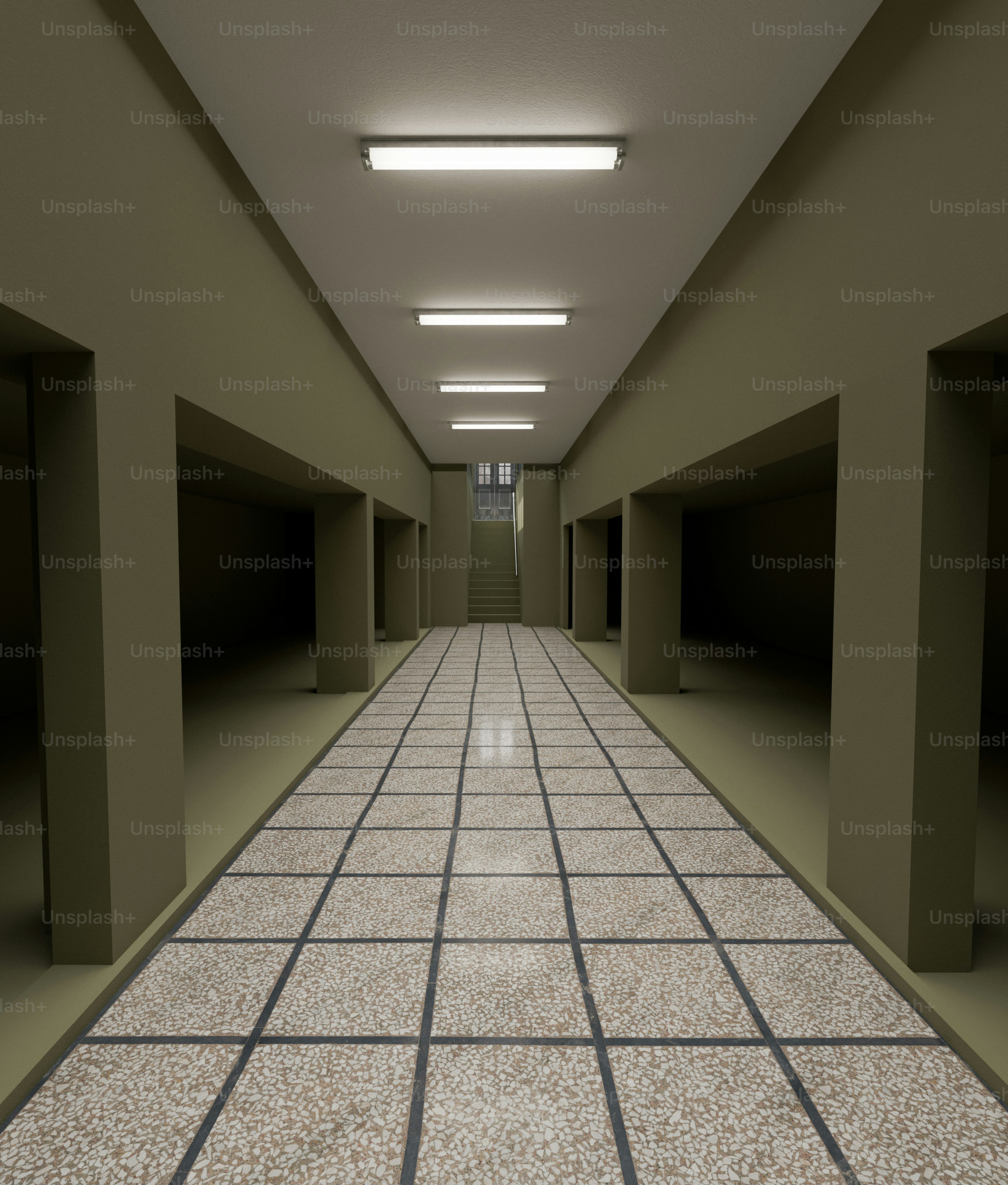 Empty hallway with tiled floor and olive walls