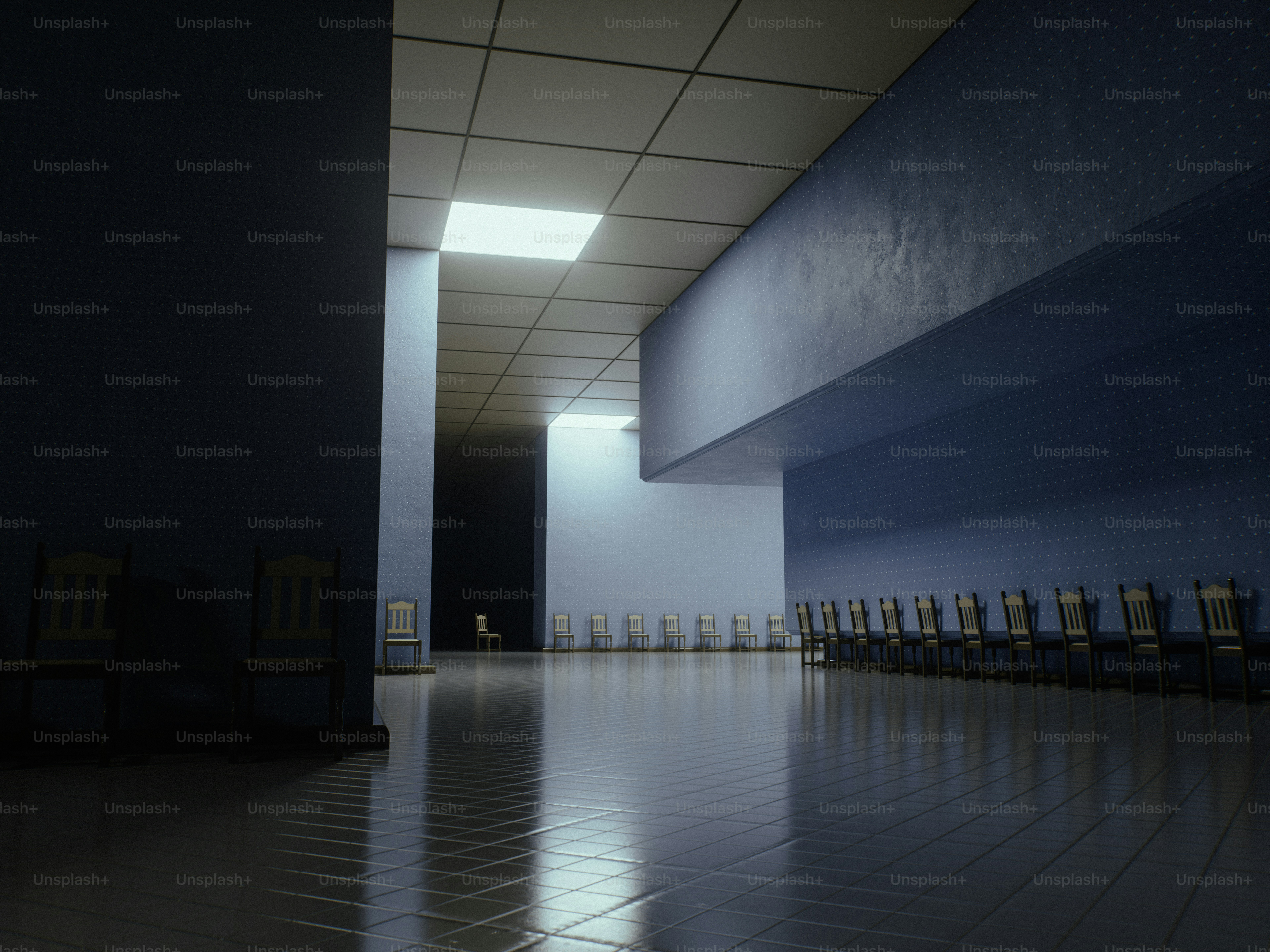 Empty hall with chairs and reflective floor