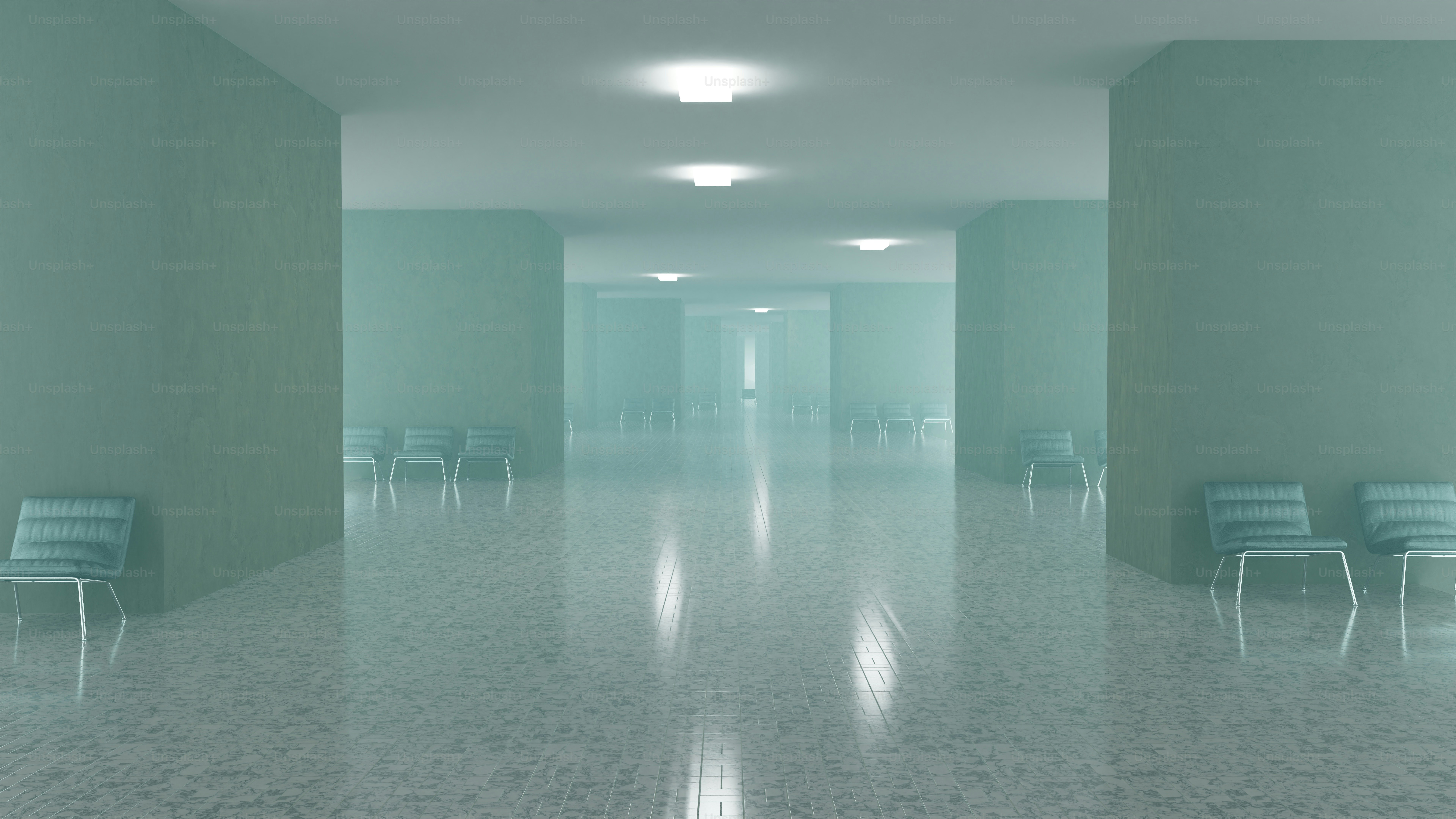 Empty waiting area with green walls and reflective floor