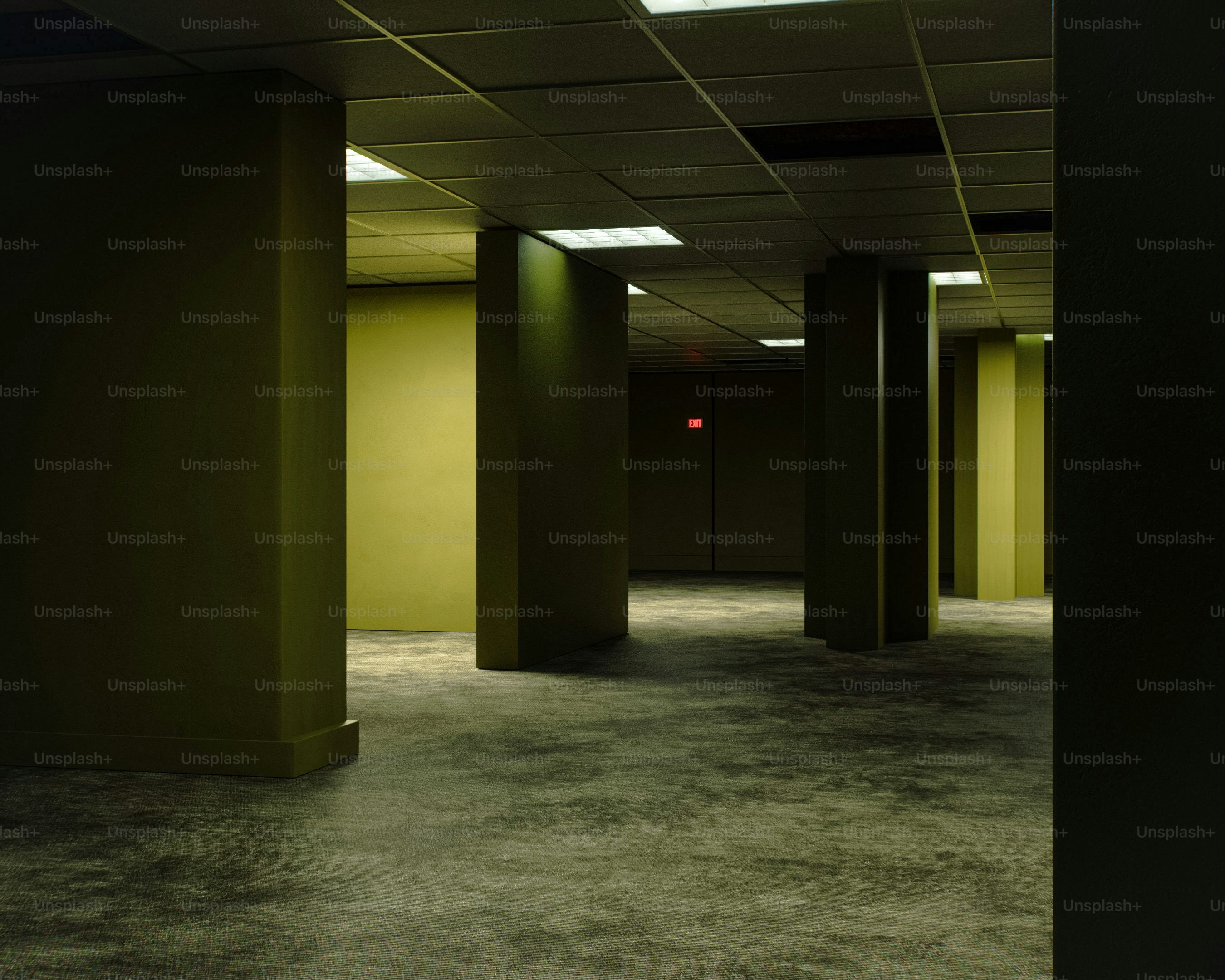 Empty, unsettling liminal space with pillars